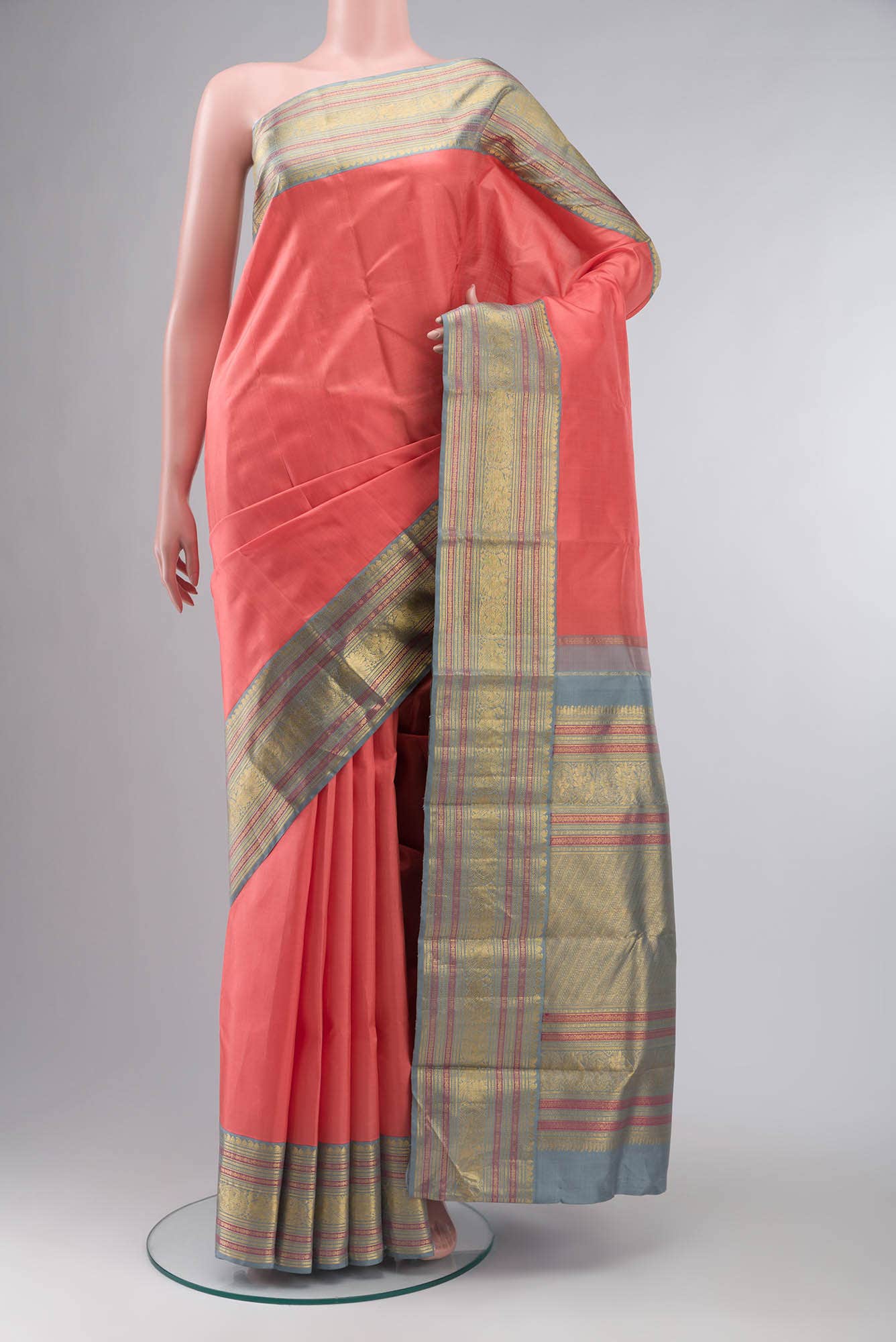 Coral Kanchipuram Silk Saree