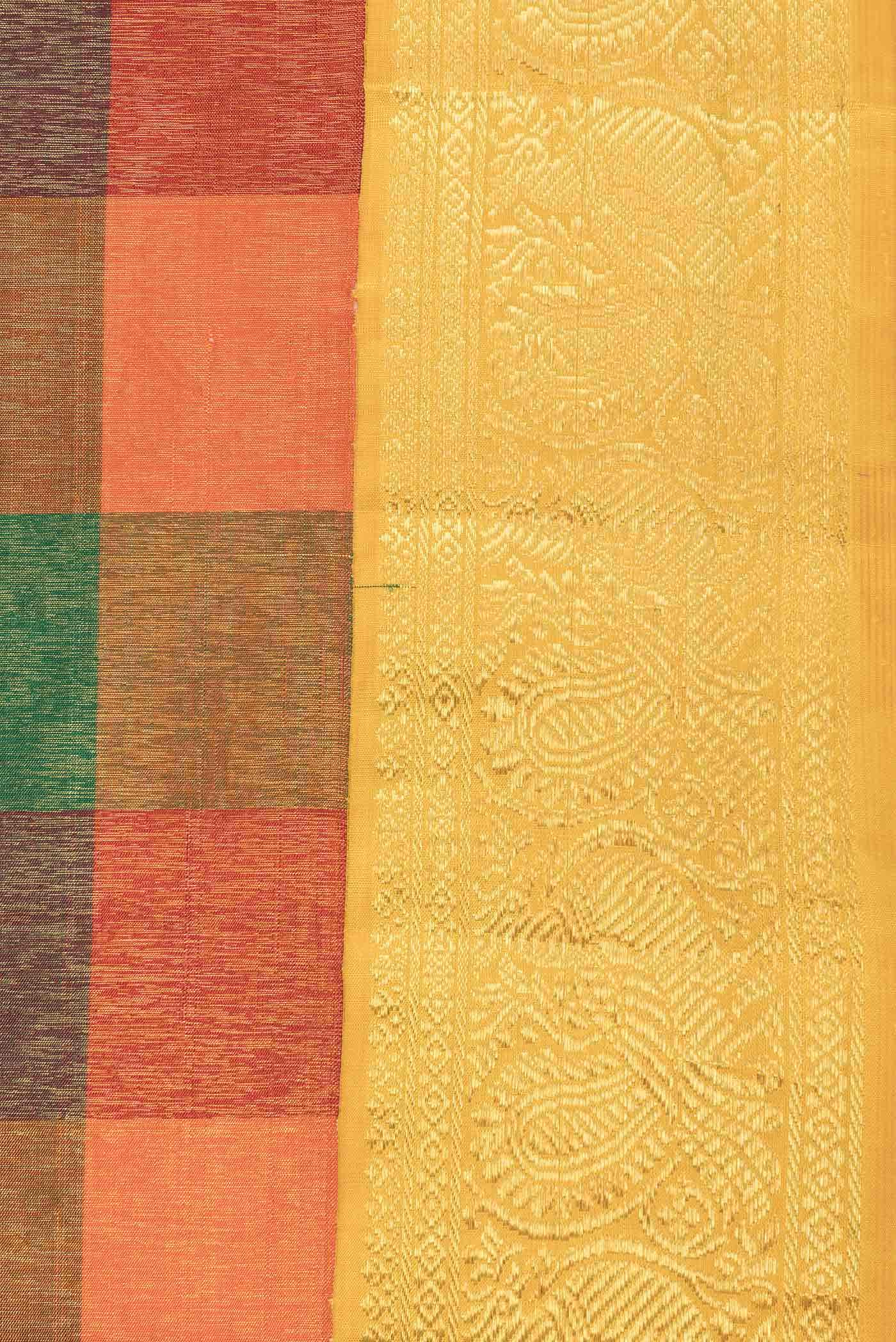 Pure Silk Pure Zari Orange Green and Maroon Dual Tone Kanchipuram Saree