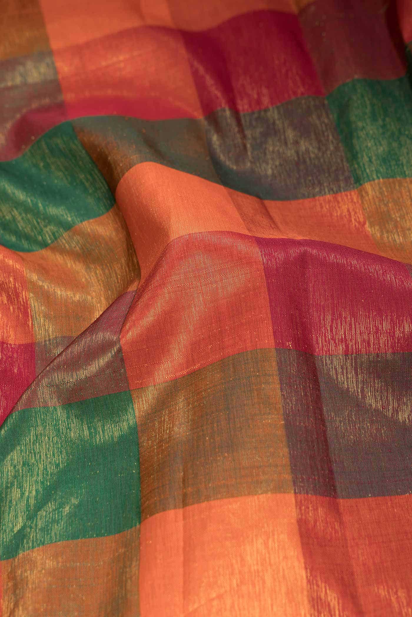 Pure Silk Pure Zari Orange Green and Maroon Dual Tone Kanchipuram Saree