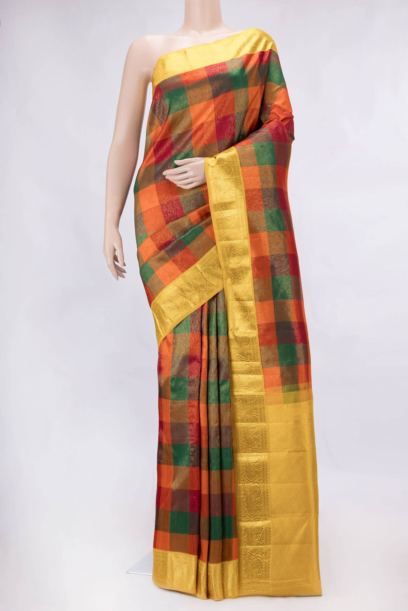 Pure Silk Pure Zari Orange Green and Maroon Dual Tone Kanchipuram Saree