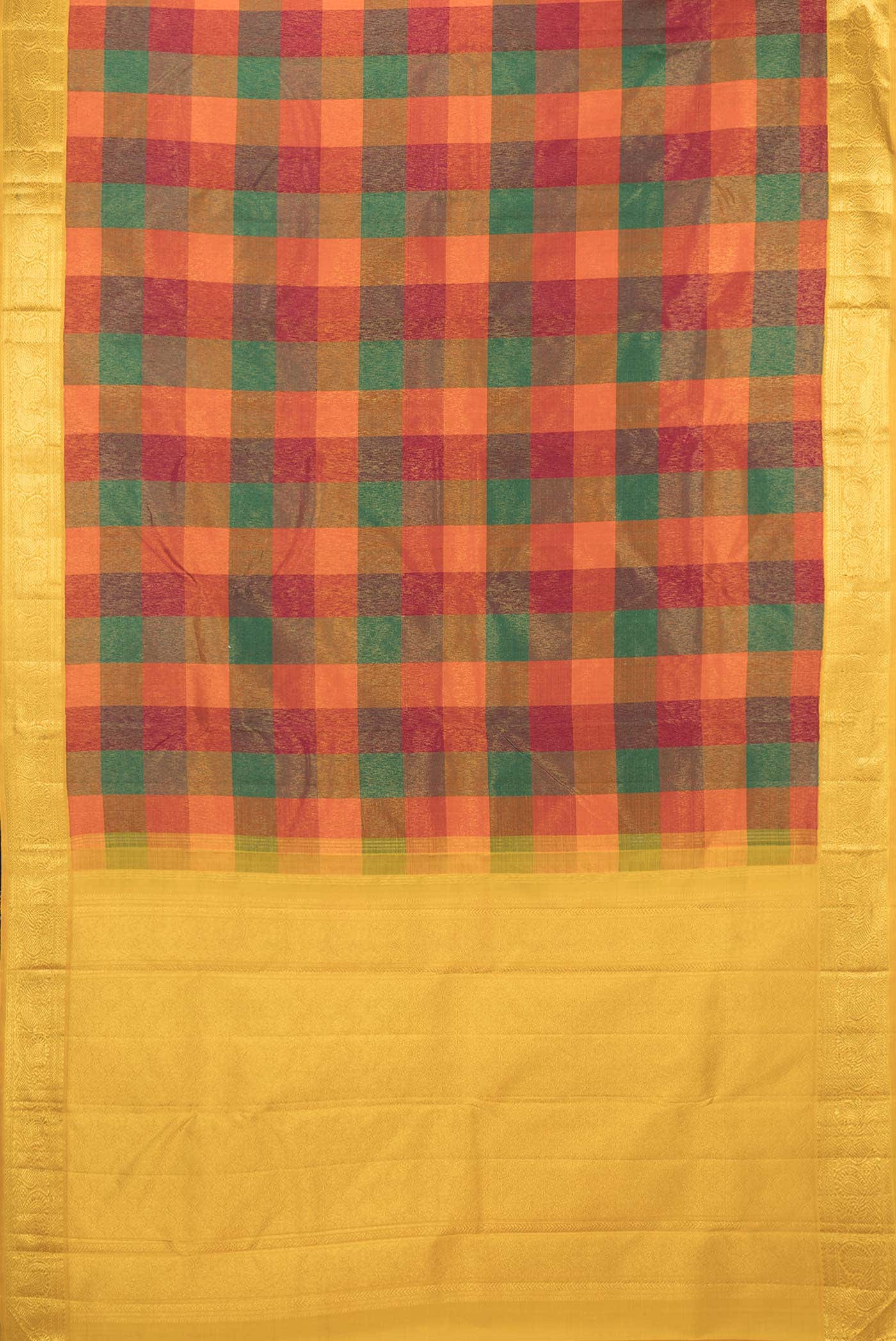 Pure Silk Pure Zari Orange Green and Maroon Dual Tone Kanchipuram Saree