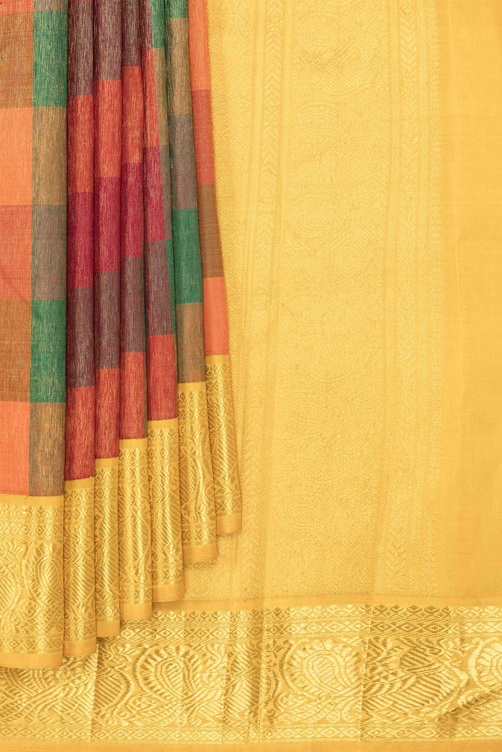 Pure Silk Pure Zari Orange Green and Maroon Dual Tone Kanchipuram Saree