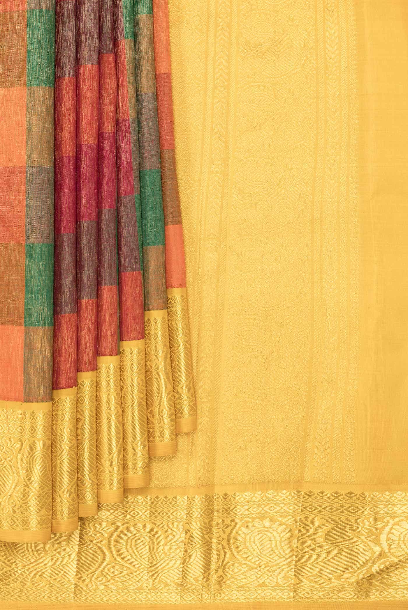 Pure Silk Pure Zari Orange Green and Maroon Dual Tone Kanchipuram Saree