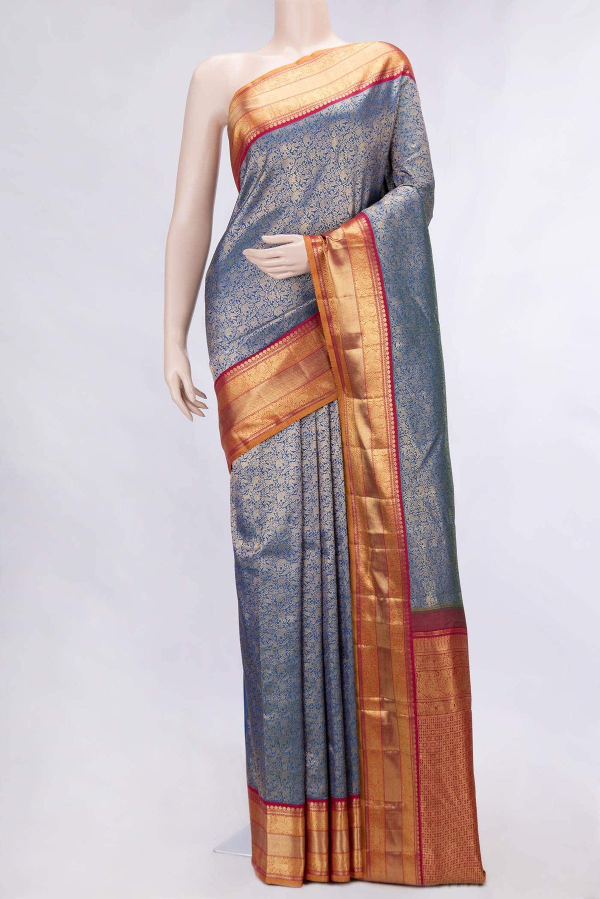 Pure Silk Pure Zari Peacock Blue Dual Tone Kanjivaram Saree