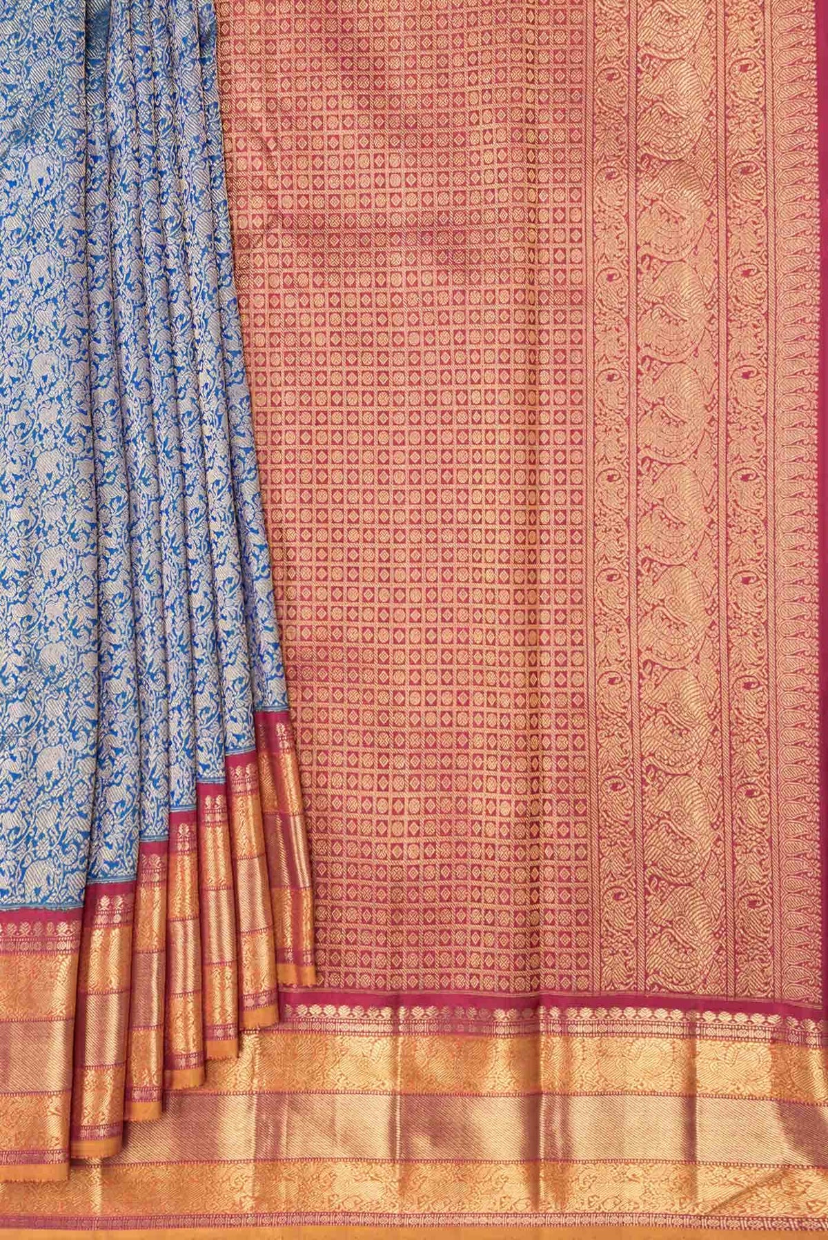 Pure Silk Pure Zari Peacock Blue Dual Tone Kanjivaram Saree