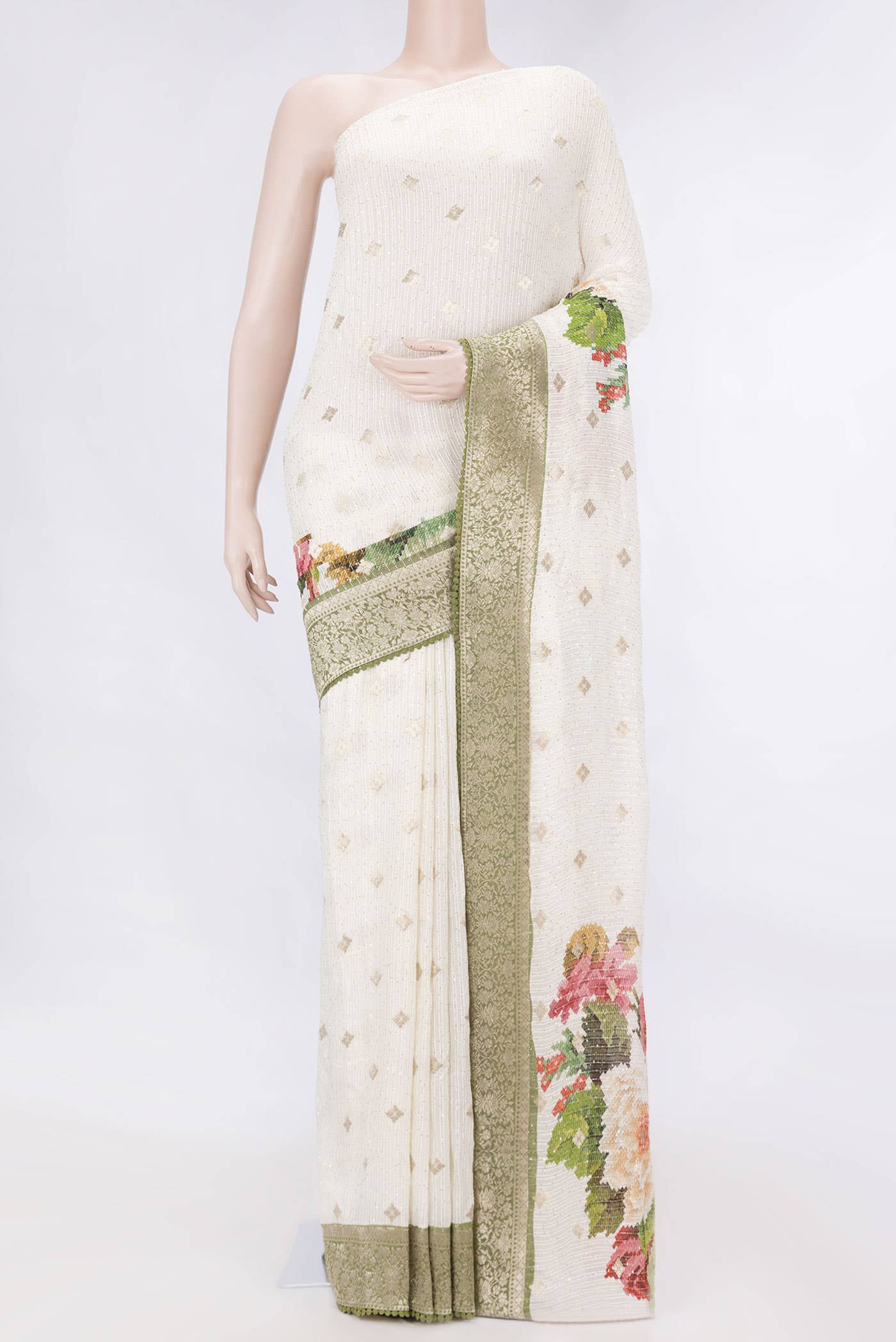 Off White Blended Crepe Saree