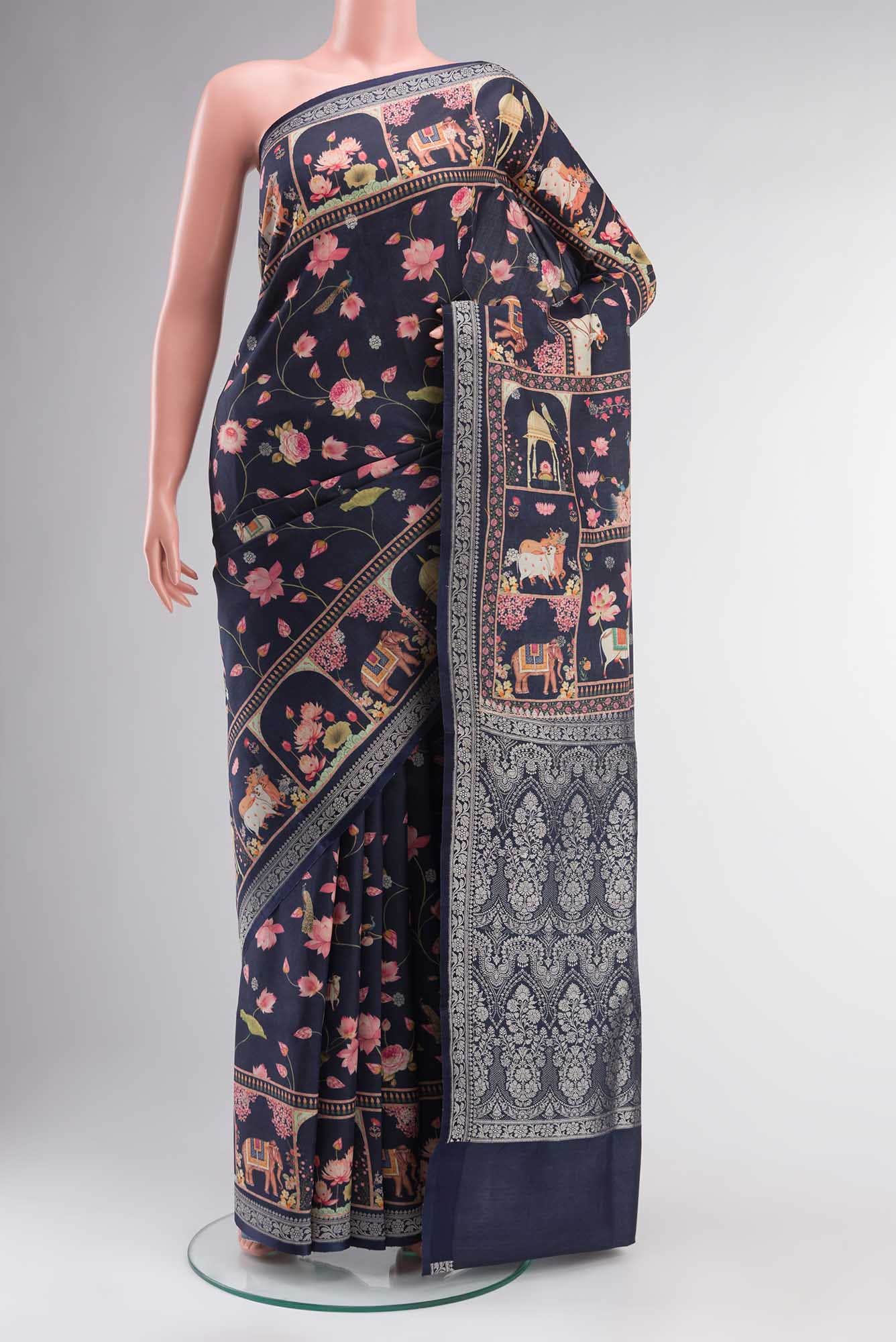 Navy Blue Bhagalpuri Tussar Silk Saree
