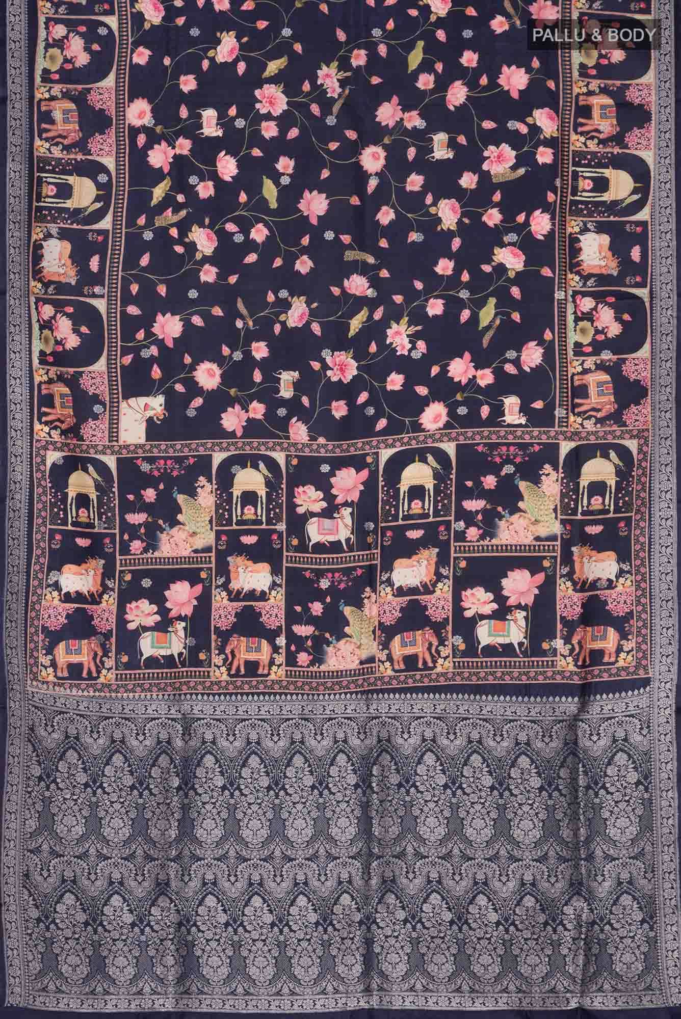 Navy Blue Bhagalpuri Tussar Silk Saree