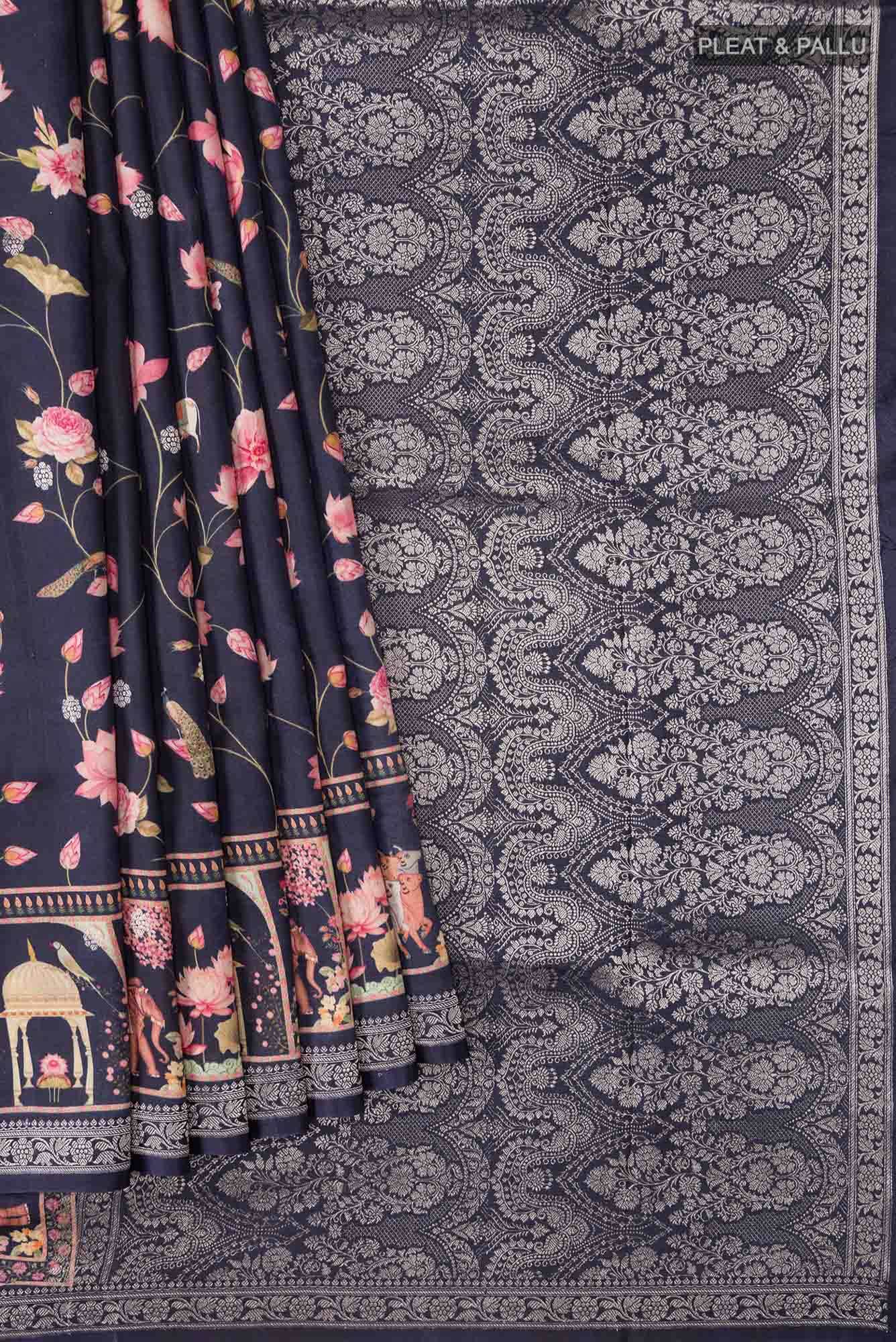 Navy Blue Bhagalpuri Tussar Silk Saree