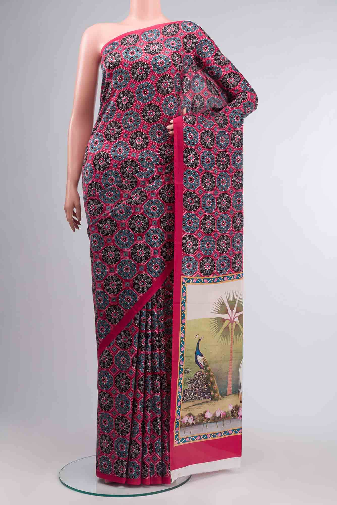 Grey Printed Silk Saree