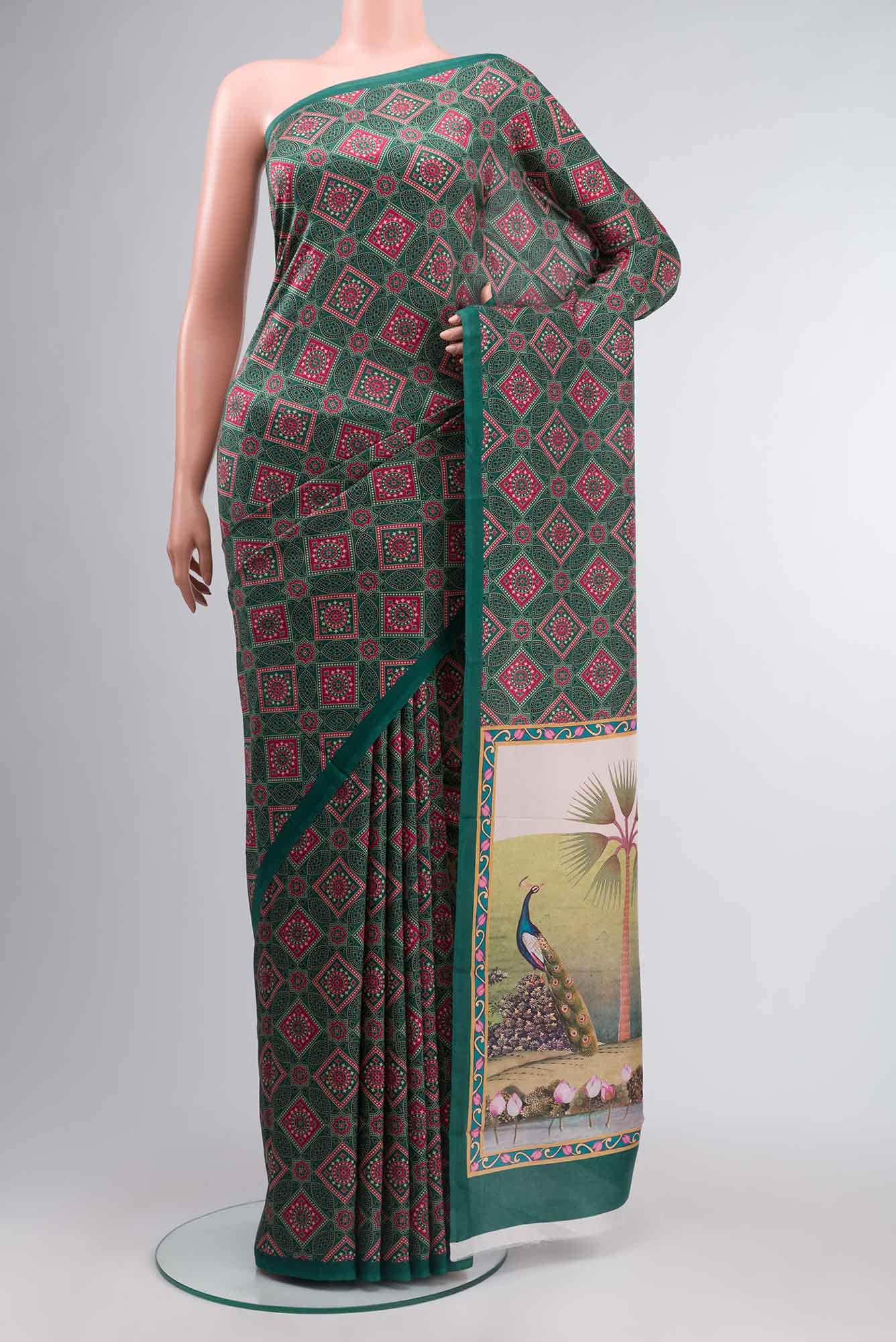Green Printed Silk Saree