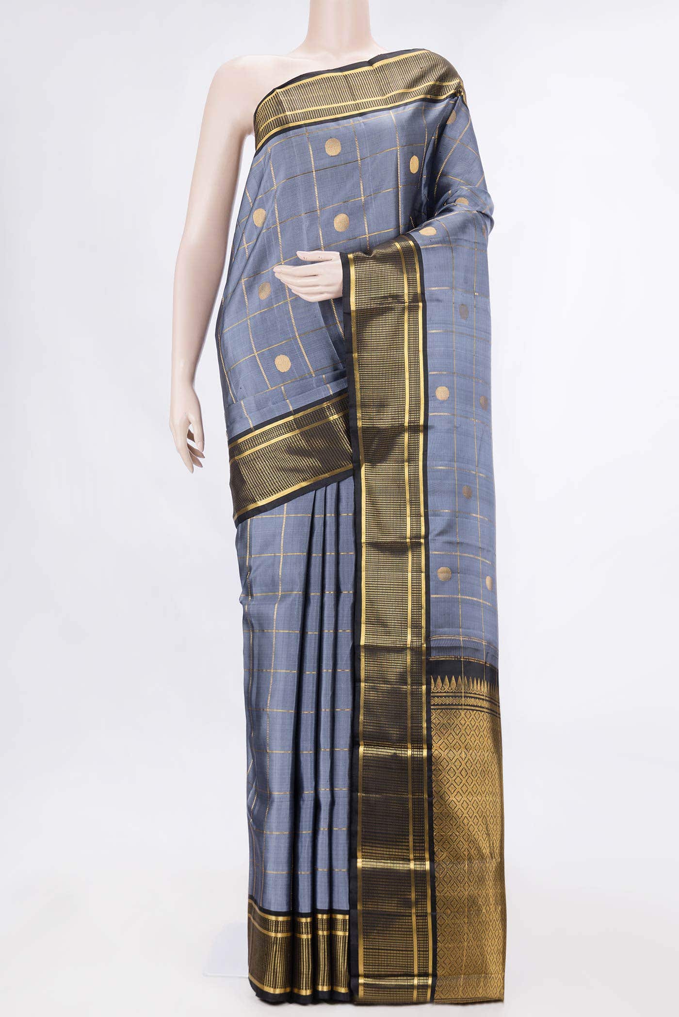 Pure Silk Pure Zari Grey Dual Tone Kanchipuram Saree