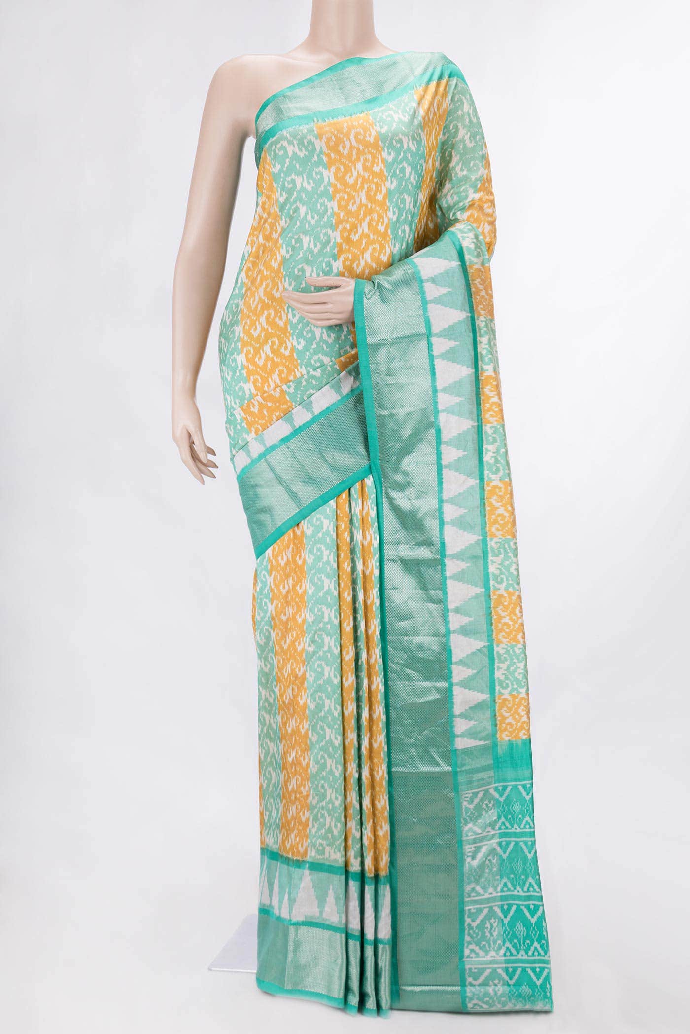 Mustard and Sea Green Dual Tone Double Ikat Saree