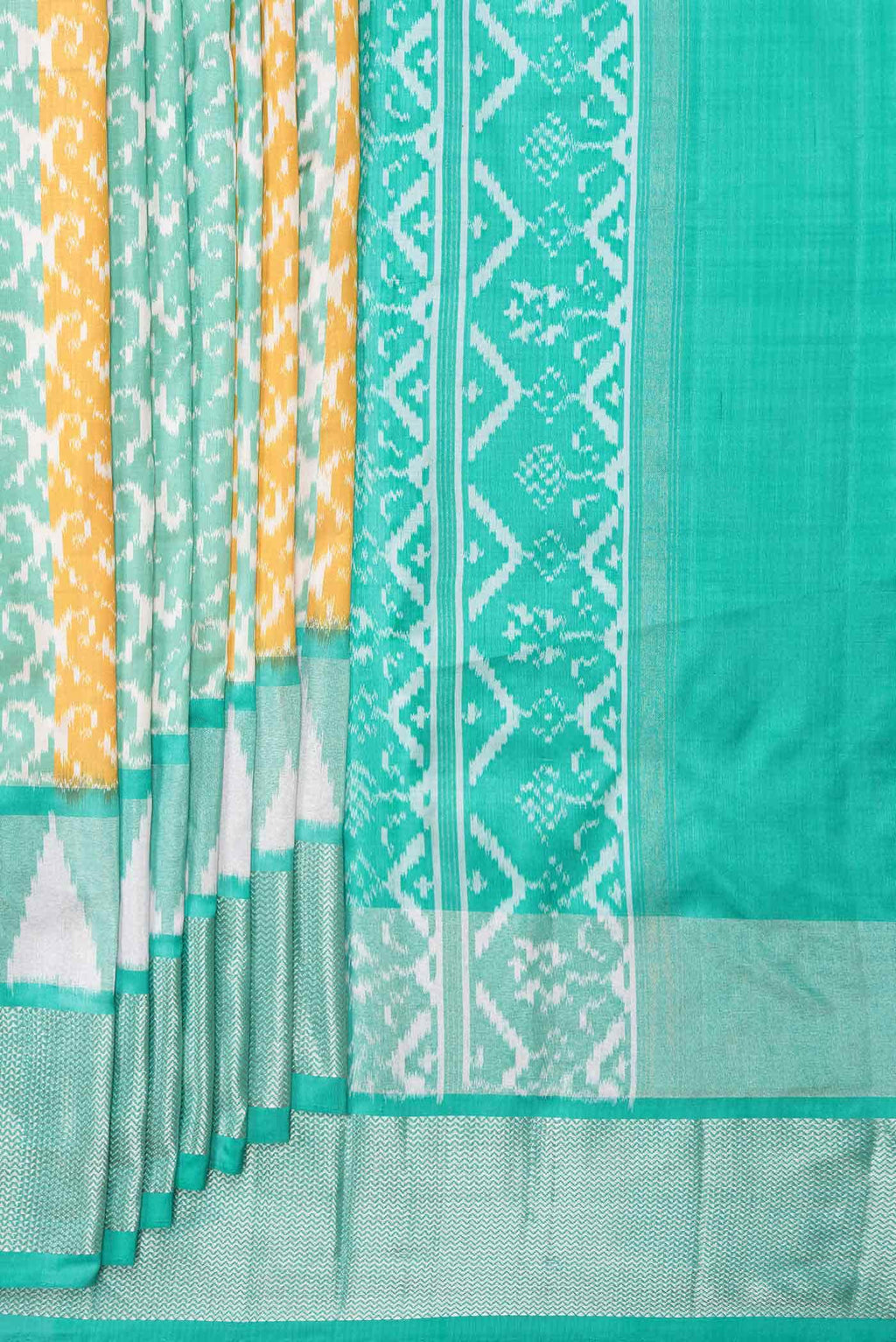 Mustard and Sea Green Dual Tone Double Ikat Saree