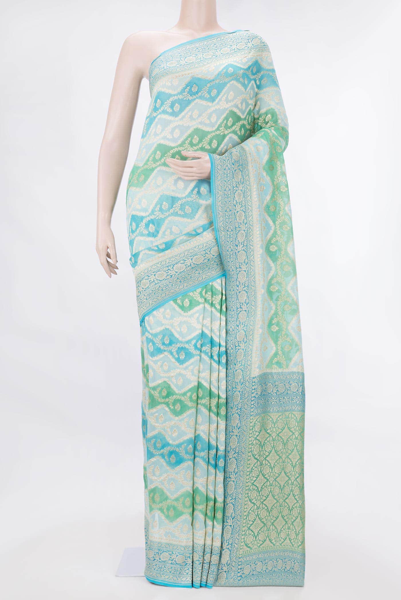 Sky Blue and Green Dual Tone Banarasi Georgette Saree