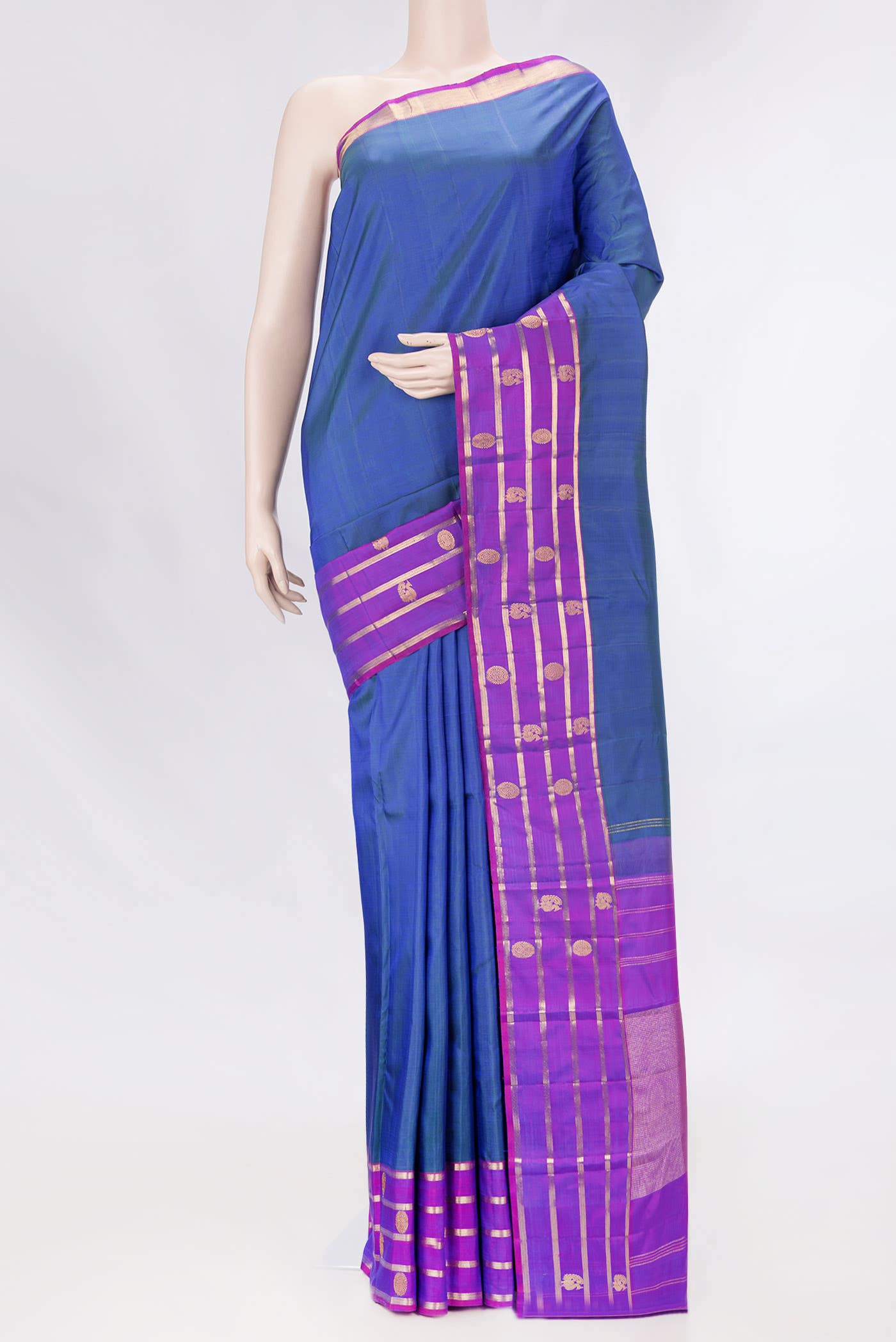 Pure Silk Pure Zari Peacock Blue Dual Tone Kanchipuram Saree