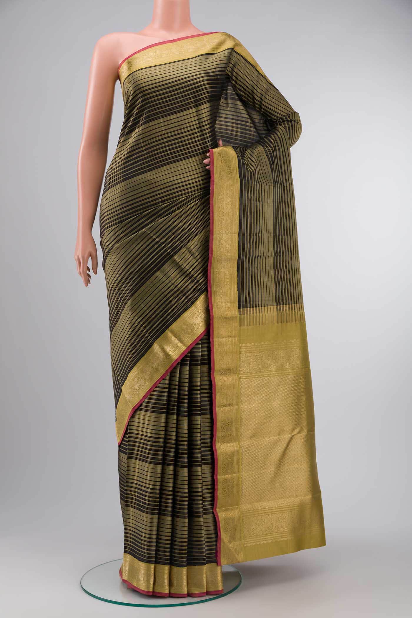 Pure Silk Pure Zari Black With Green Dual Tone Kanchipuram Saree