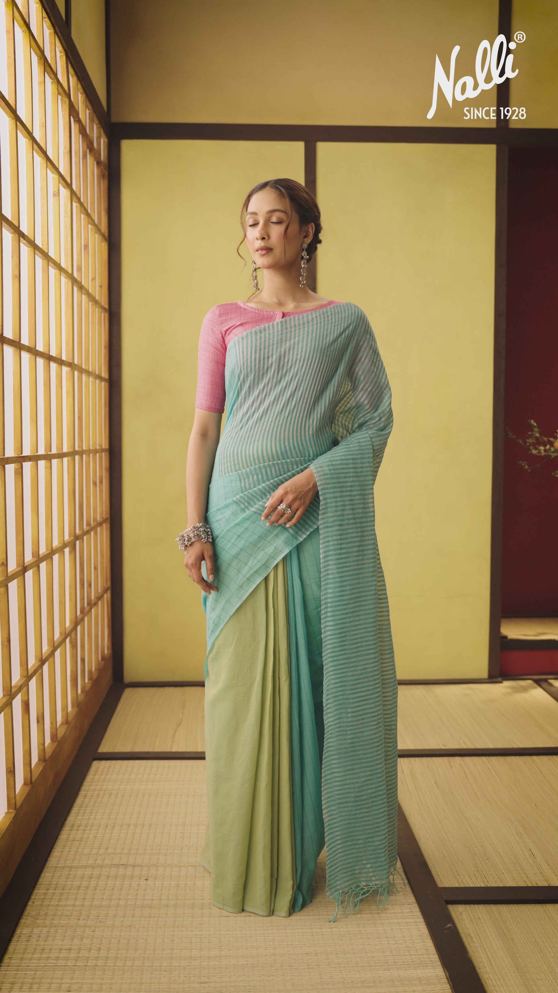 Mogra-Blue with Green Half and Half Cotton Saree