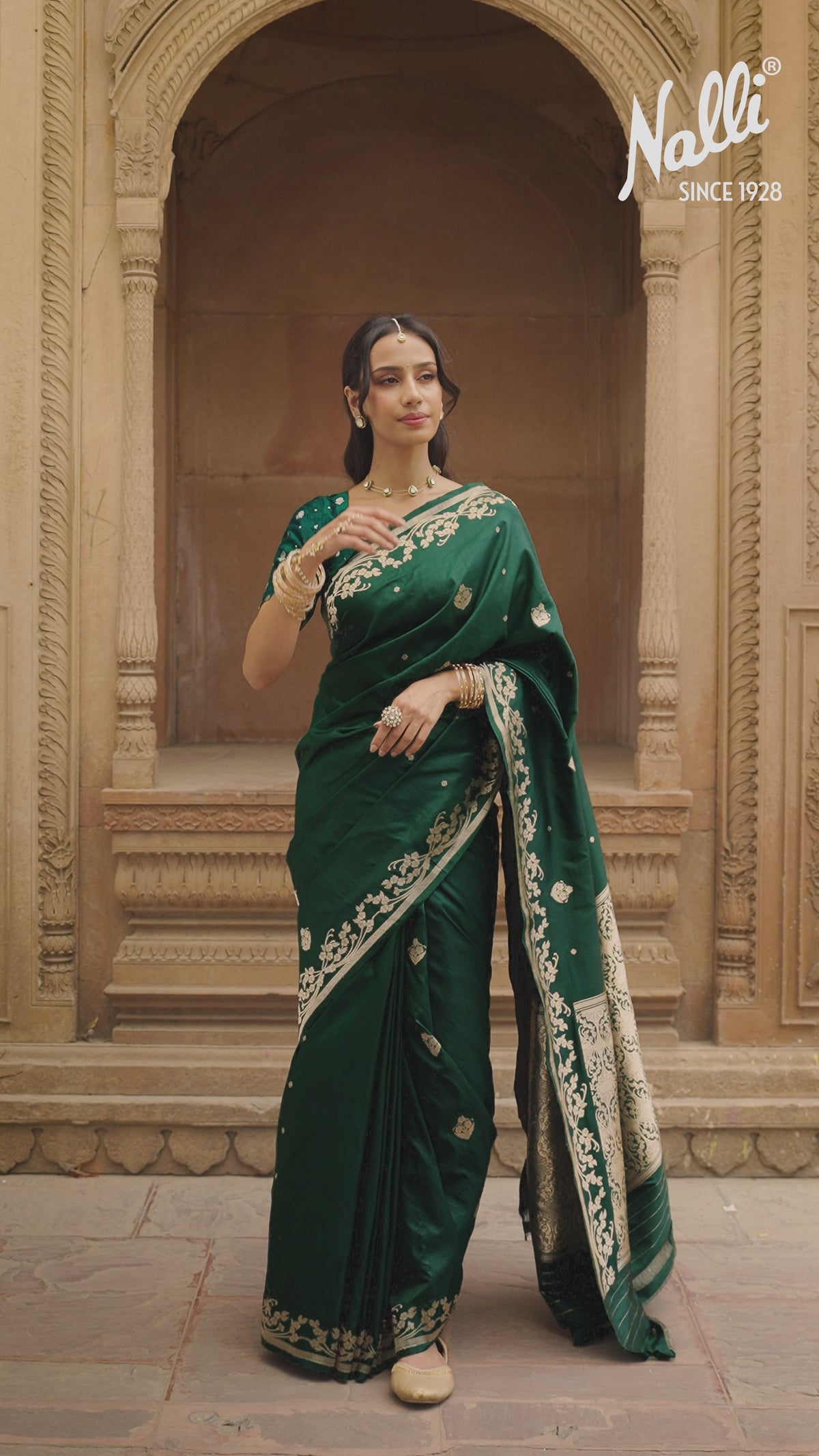 Gul - Deep Emerald Green Banarasi Katan Silk Saree