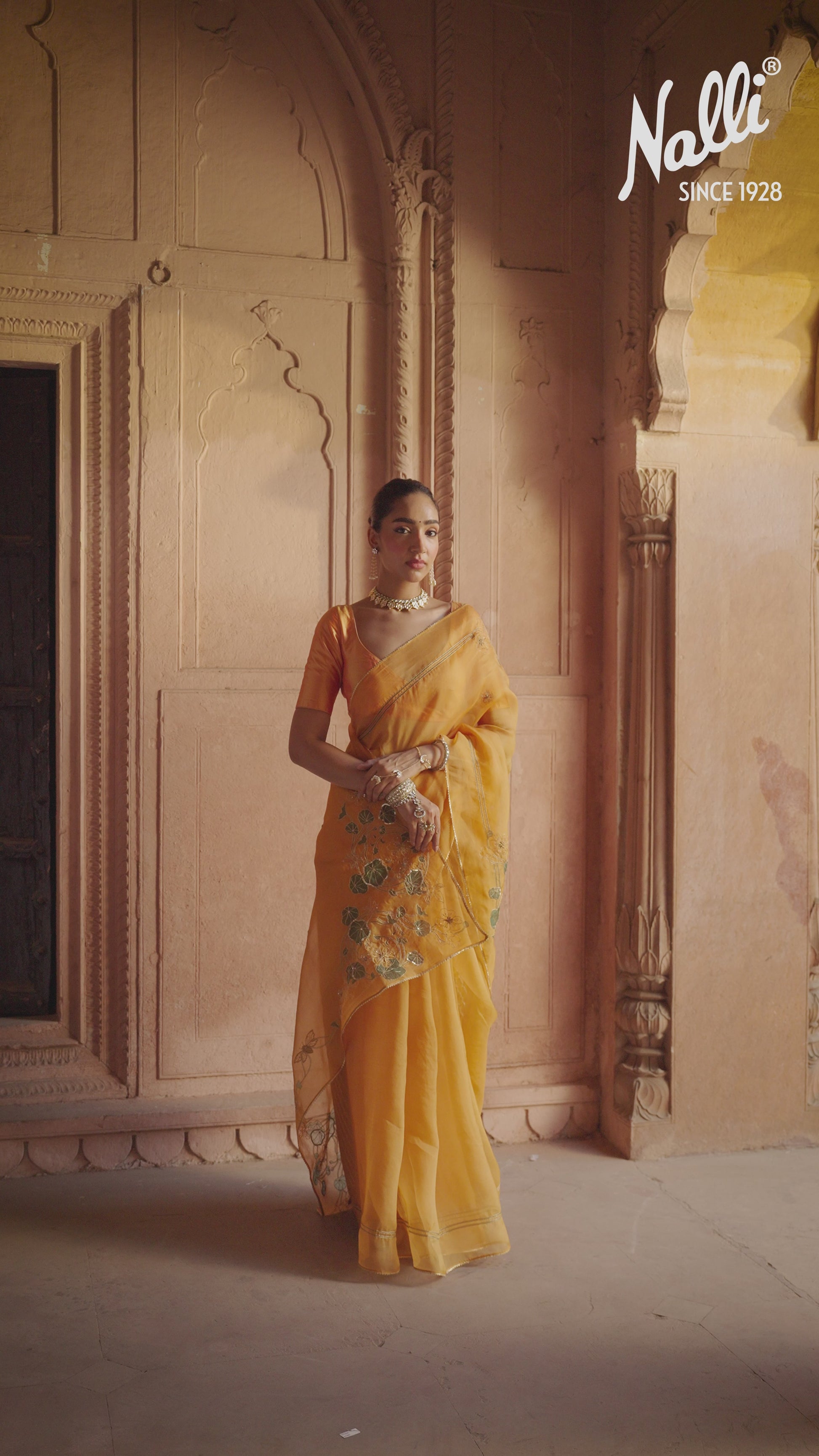 Aboli-Apricot Orange Zardozi Organza Silk Saree