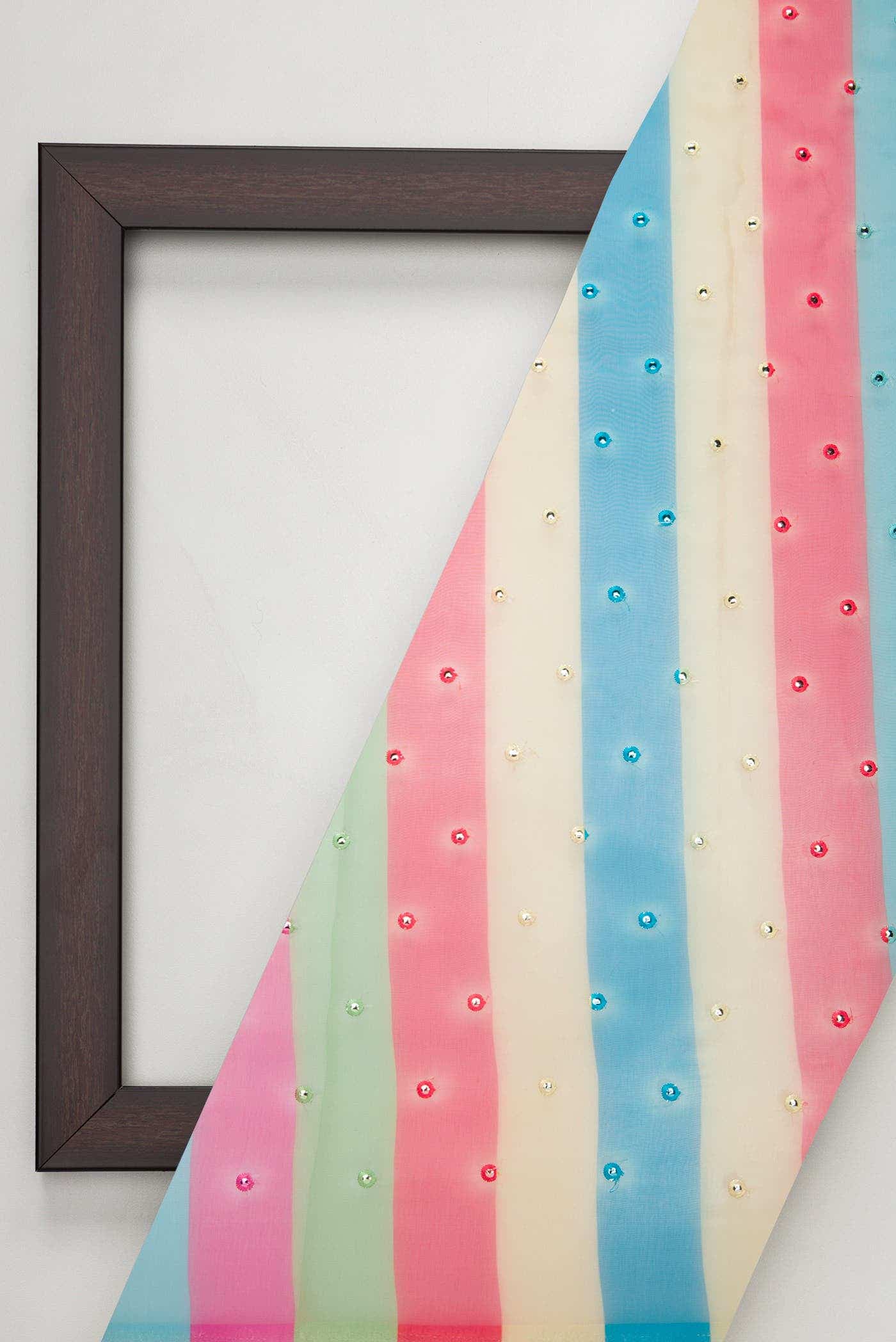 Yellow, Blue, Pink and Red Blended Organza Silk Dress Material