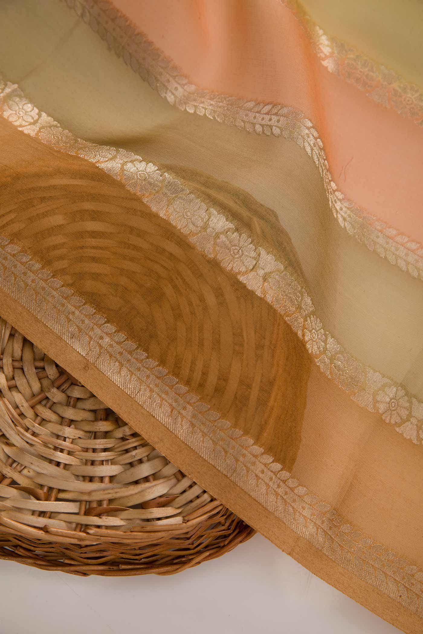 Yellow, Green and Peach Organza Silk Dress Material
