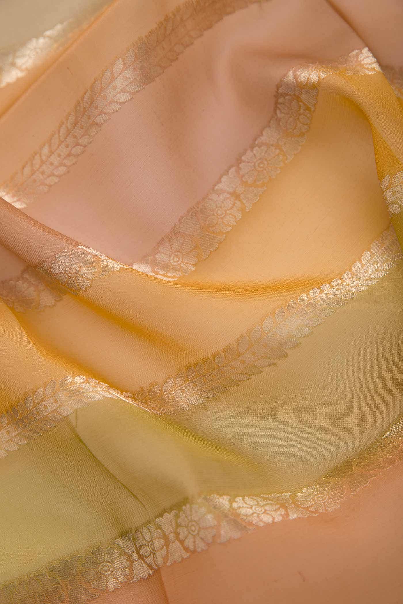 Yellow, Green and Peach Organza Silk Dress Material