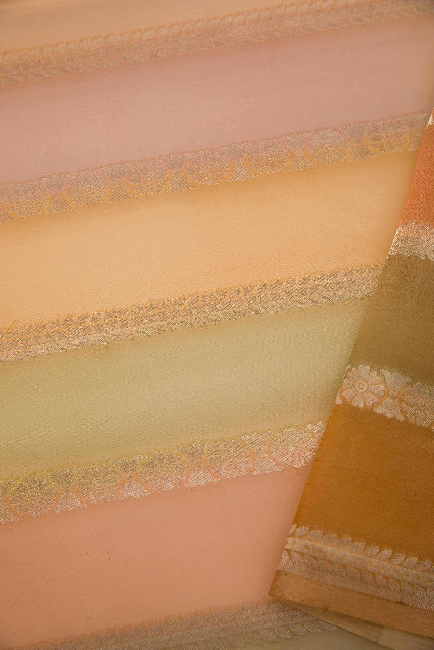 Yellow, Green and Peach Organza Silk Dress Material