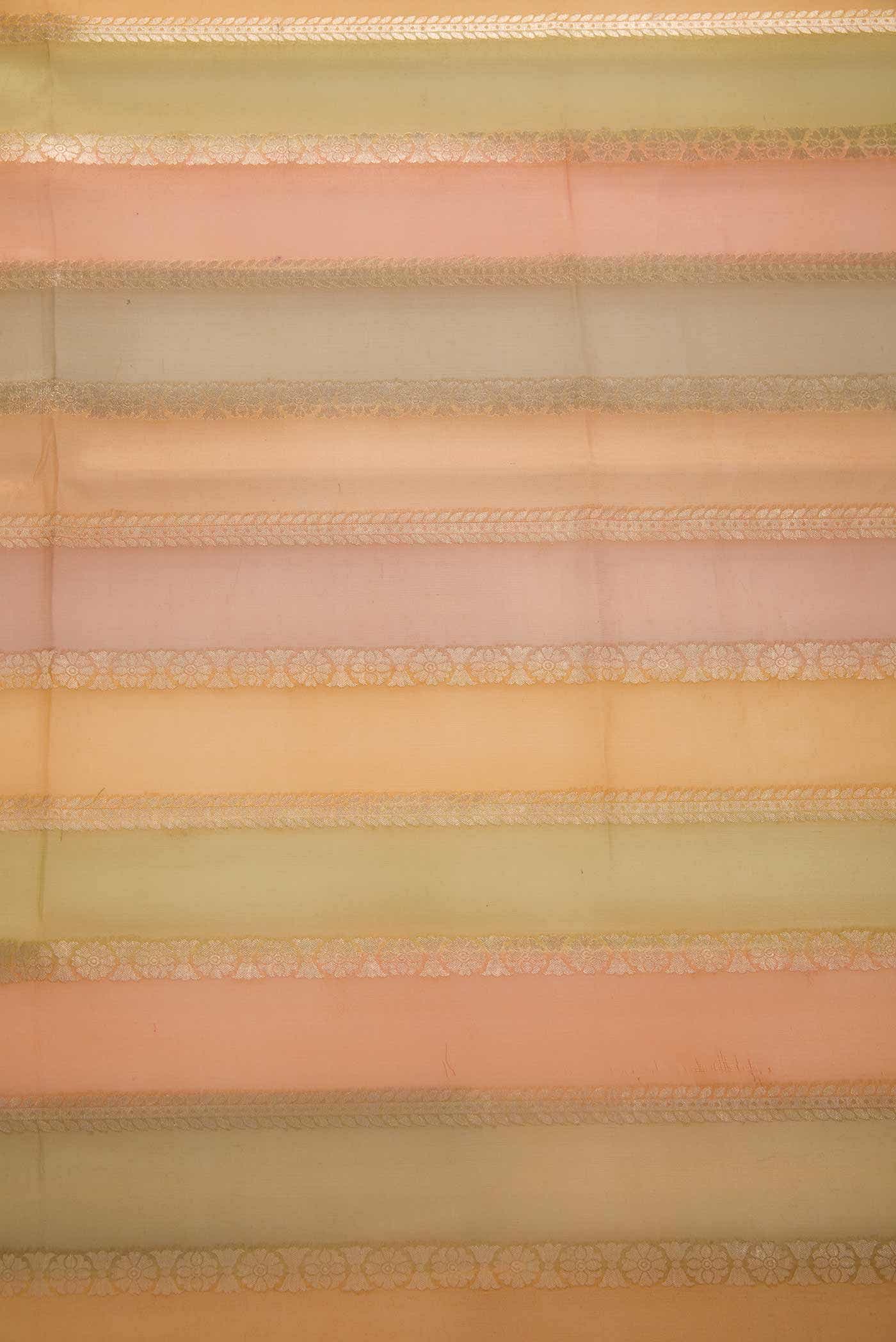 Yellow, Green and Peach Organza Silk Dress Material
