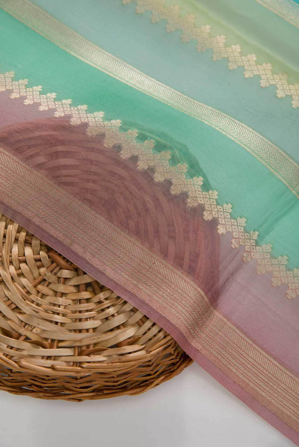 Pink and Green Organza Silk Dress Material