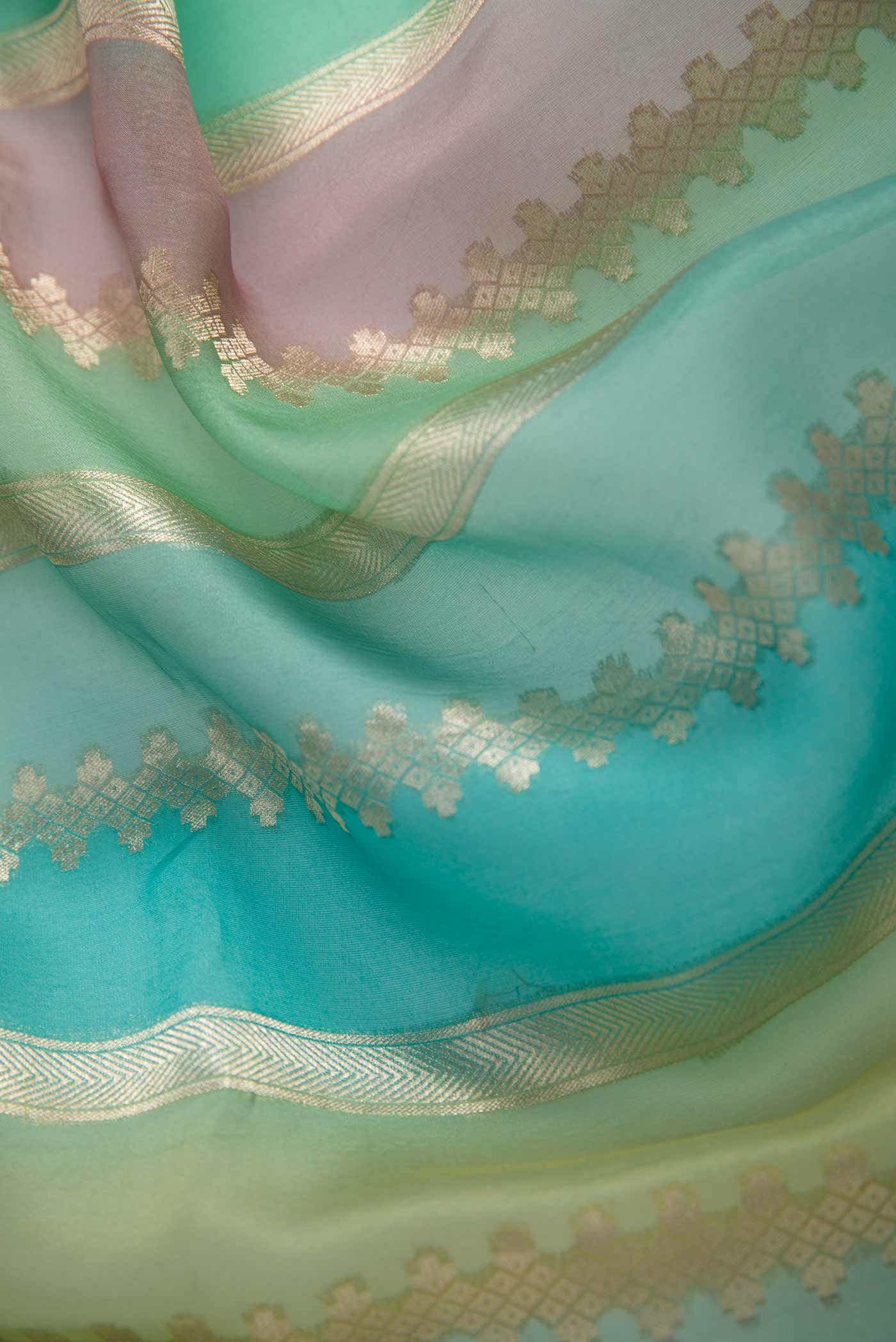 Pink and Green Organza Silk Dress Material