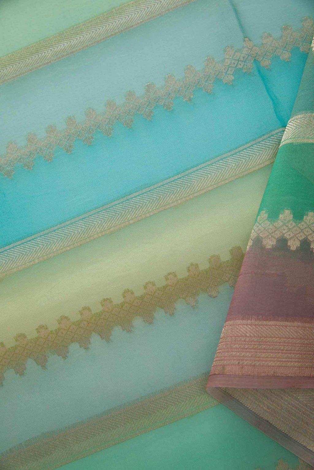 Pink and Green Organza Silk Dress Material