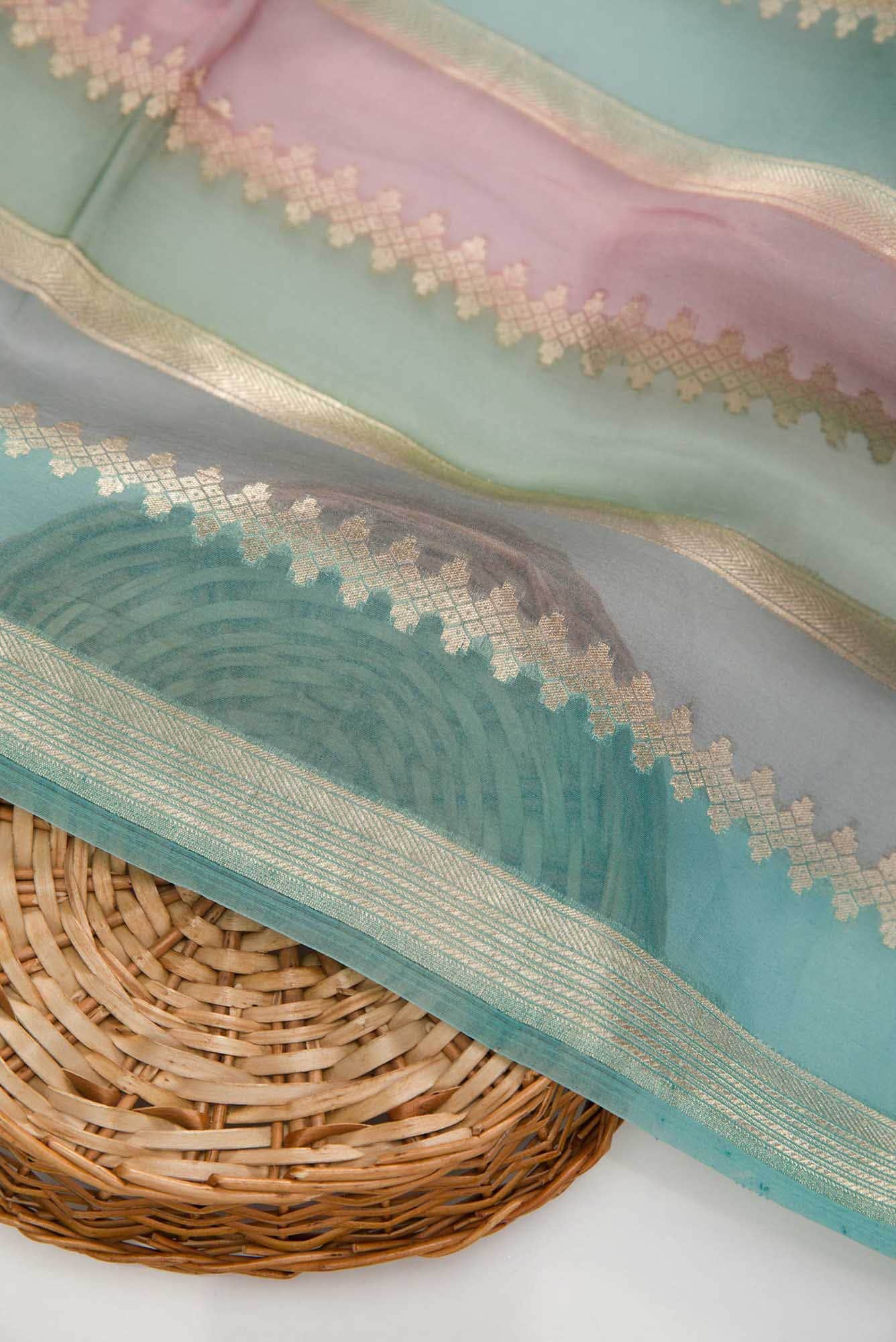 Blue Brown and Grey Organza Silk Dress Material