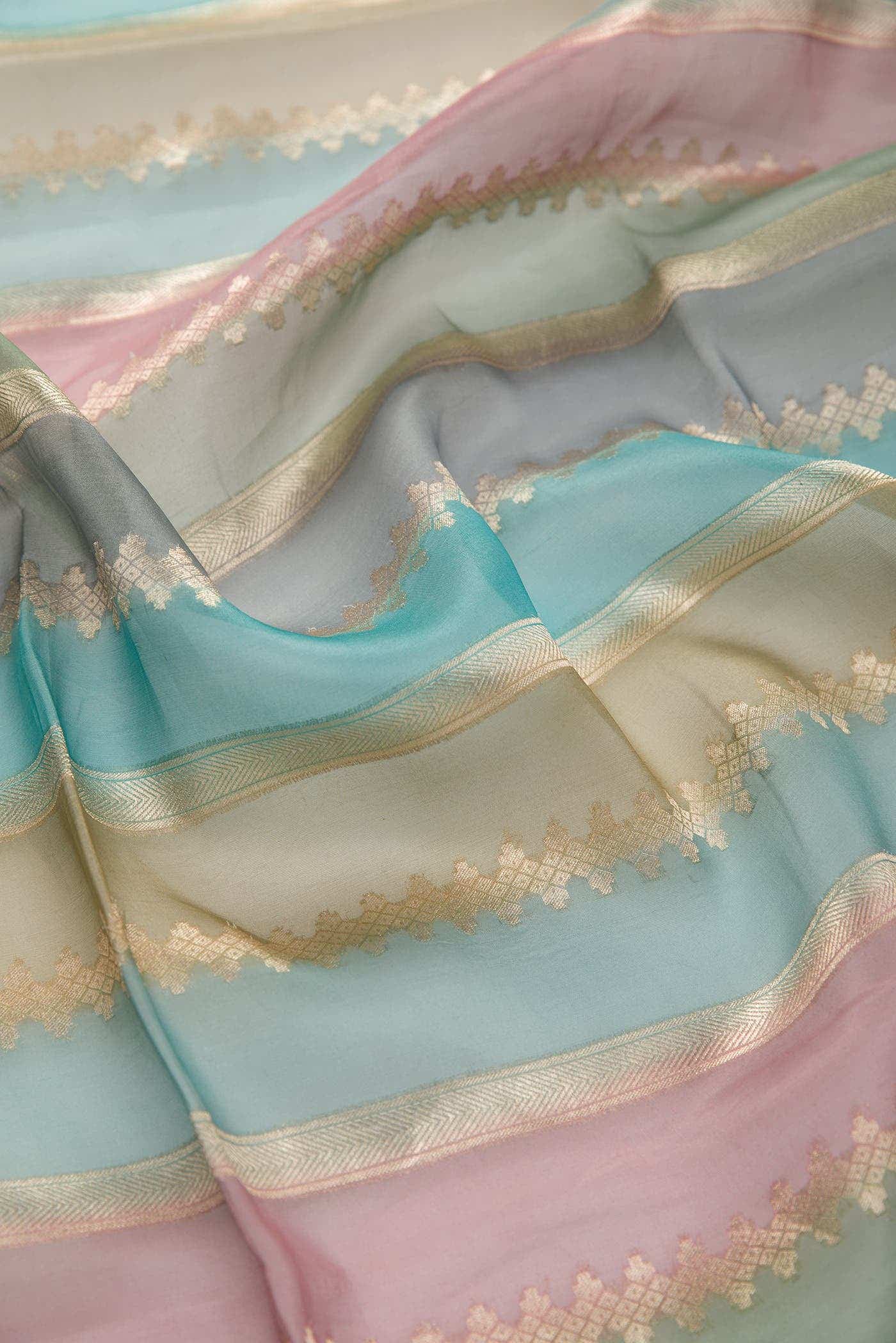 Blue Brown and Grey Organza Silk Dress Material