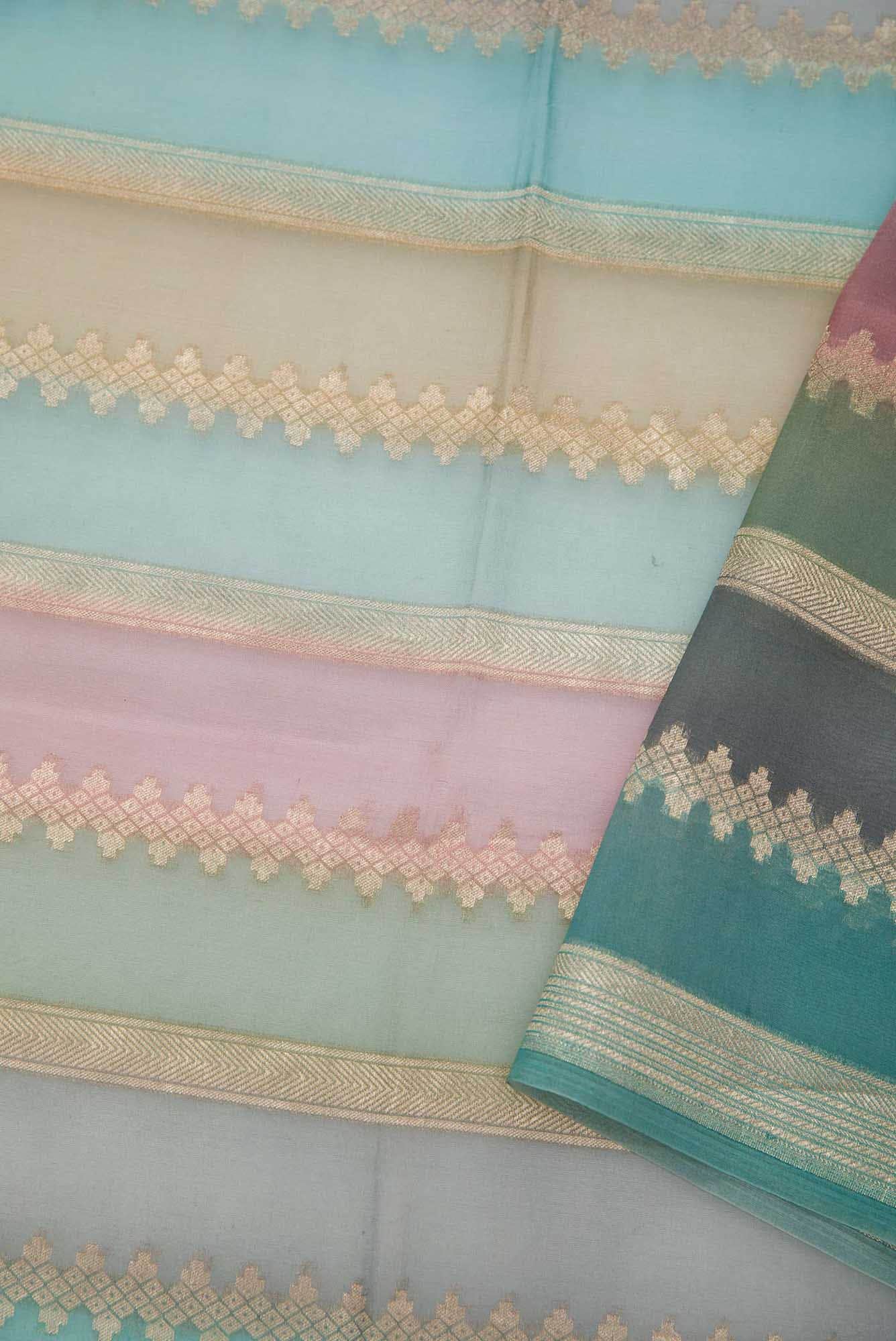 Blue Brown and Grey Organza Silk Dress Material