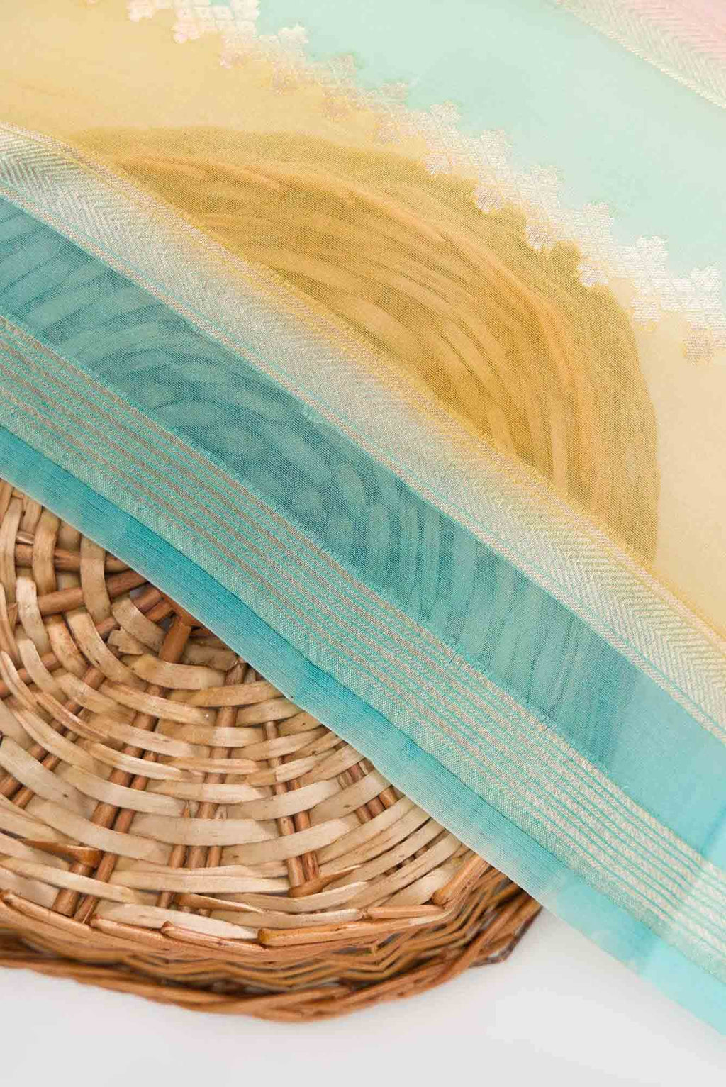 Blue Sea Green and Mustard Organza Silk Dress Material