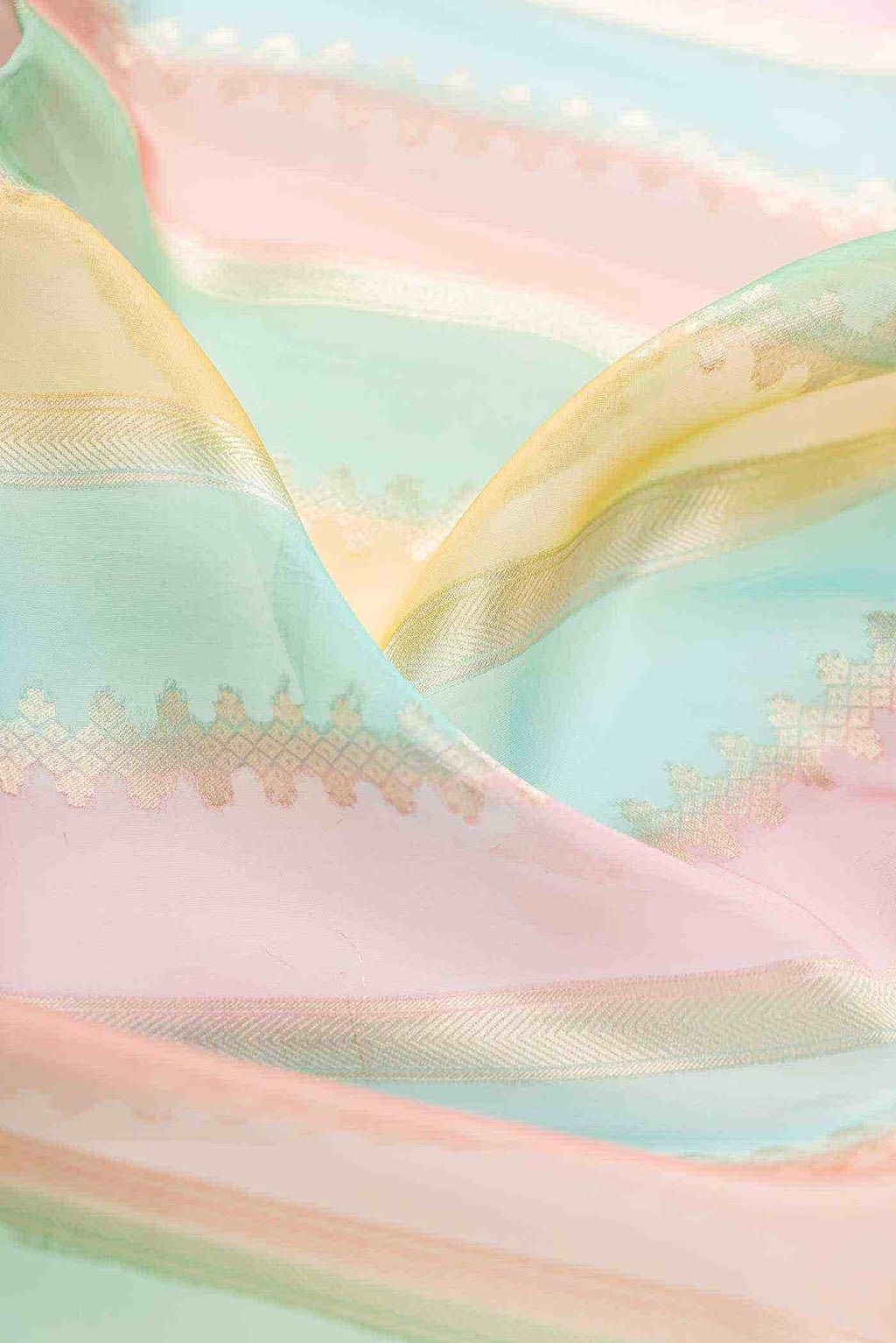 Blue Sea Green and Mustard Organza Silk Dress Material