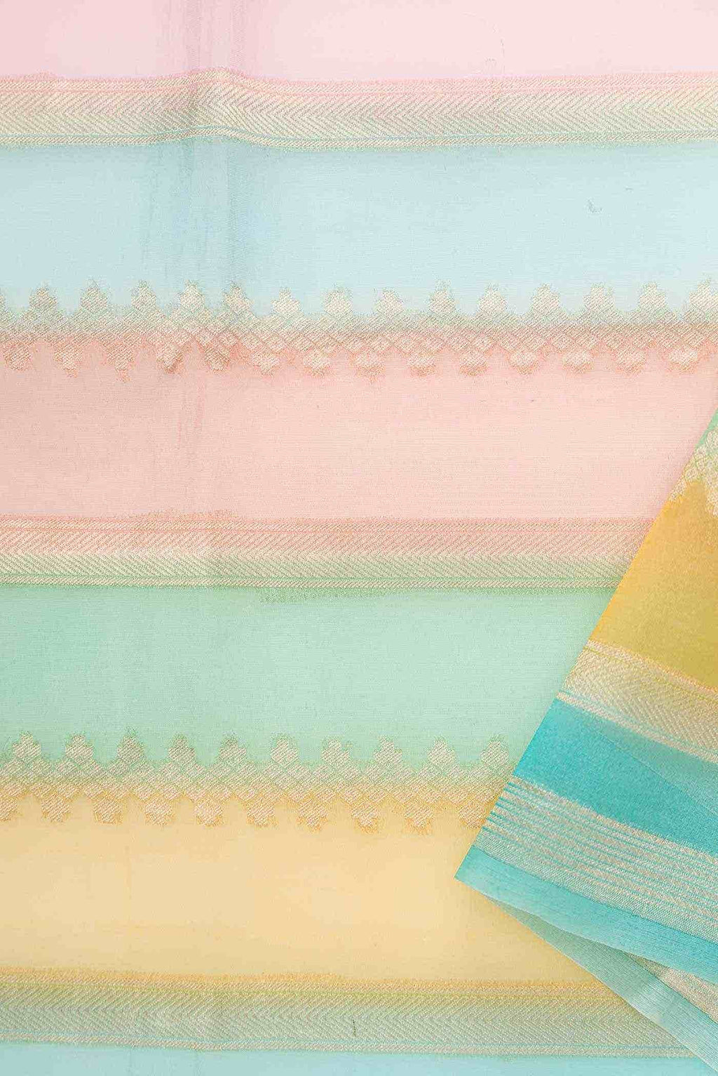 Blue Sea Green and Mustard Organza Silk Dress Material