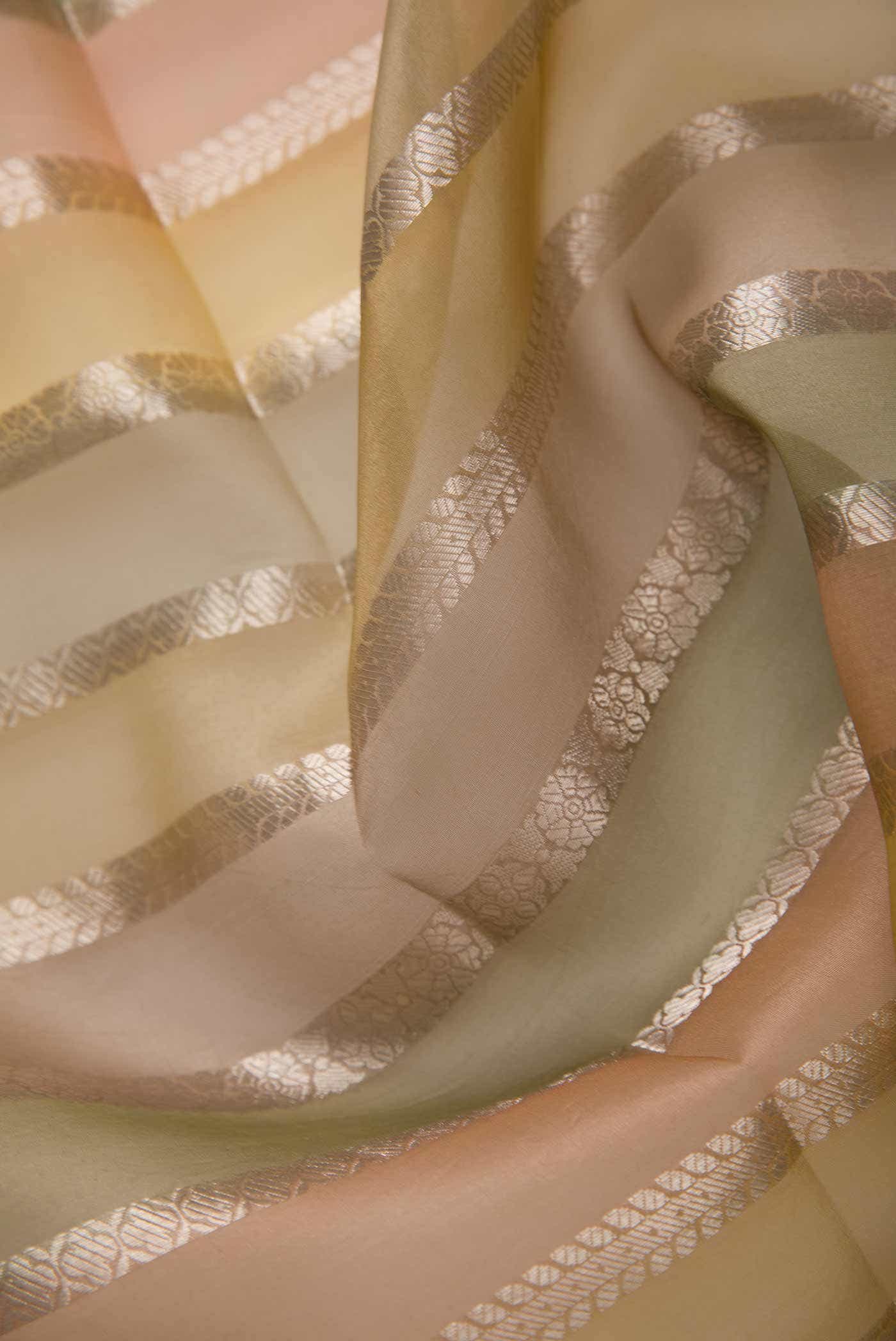 Yellow, Green and Pink Organza Silk Dress Material