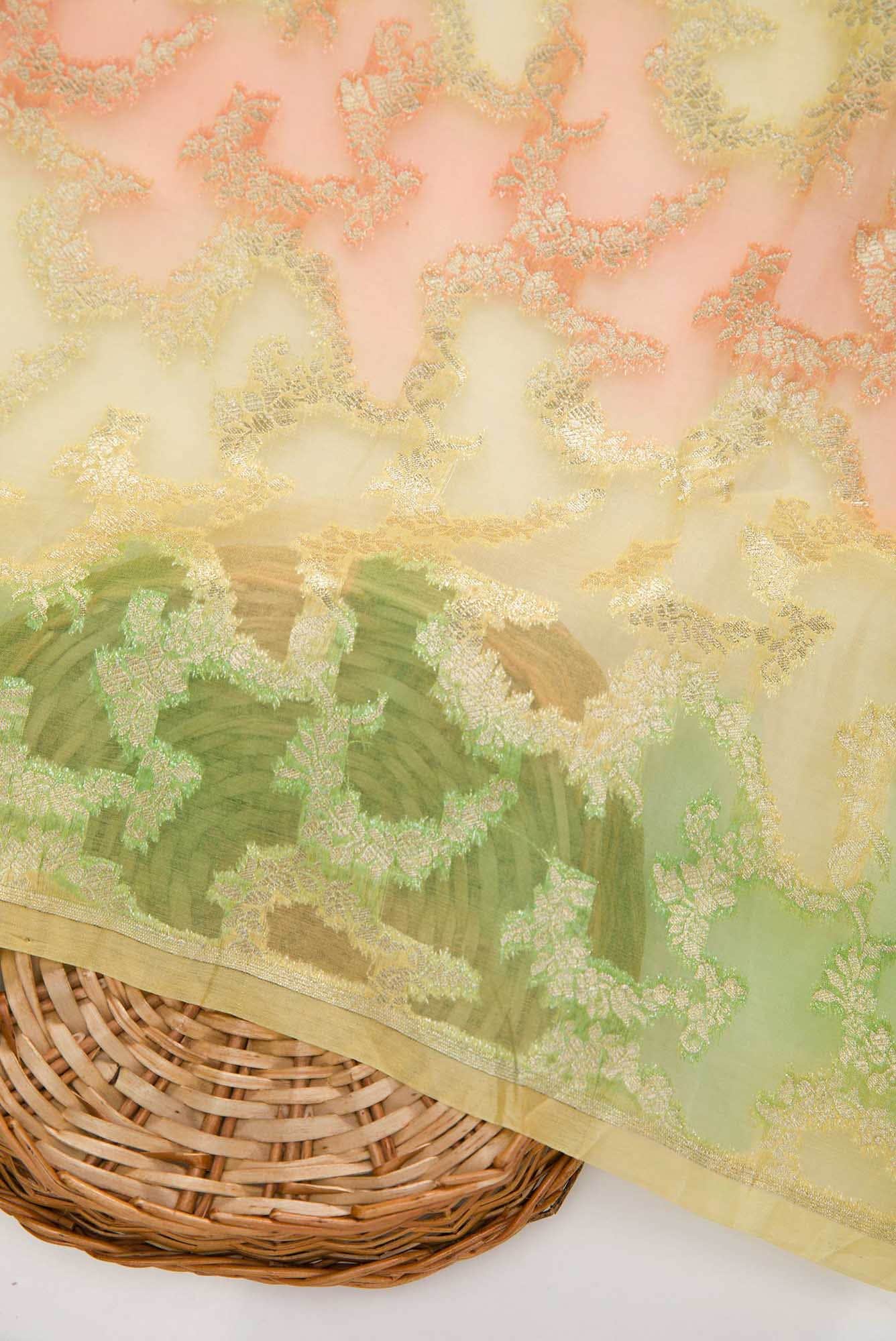 Yellow Green and Orange Organza Silk Dress Material