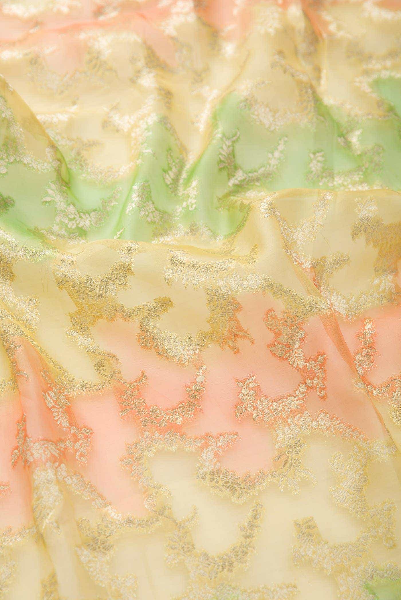 Yellow Green and Orange Organza Silk Dress Material