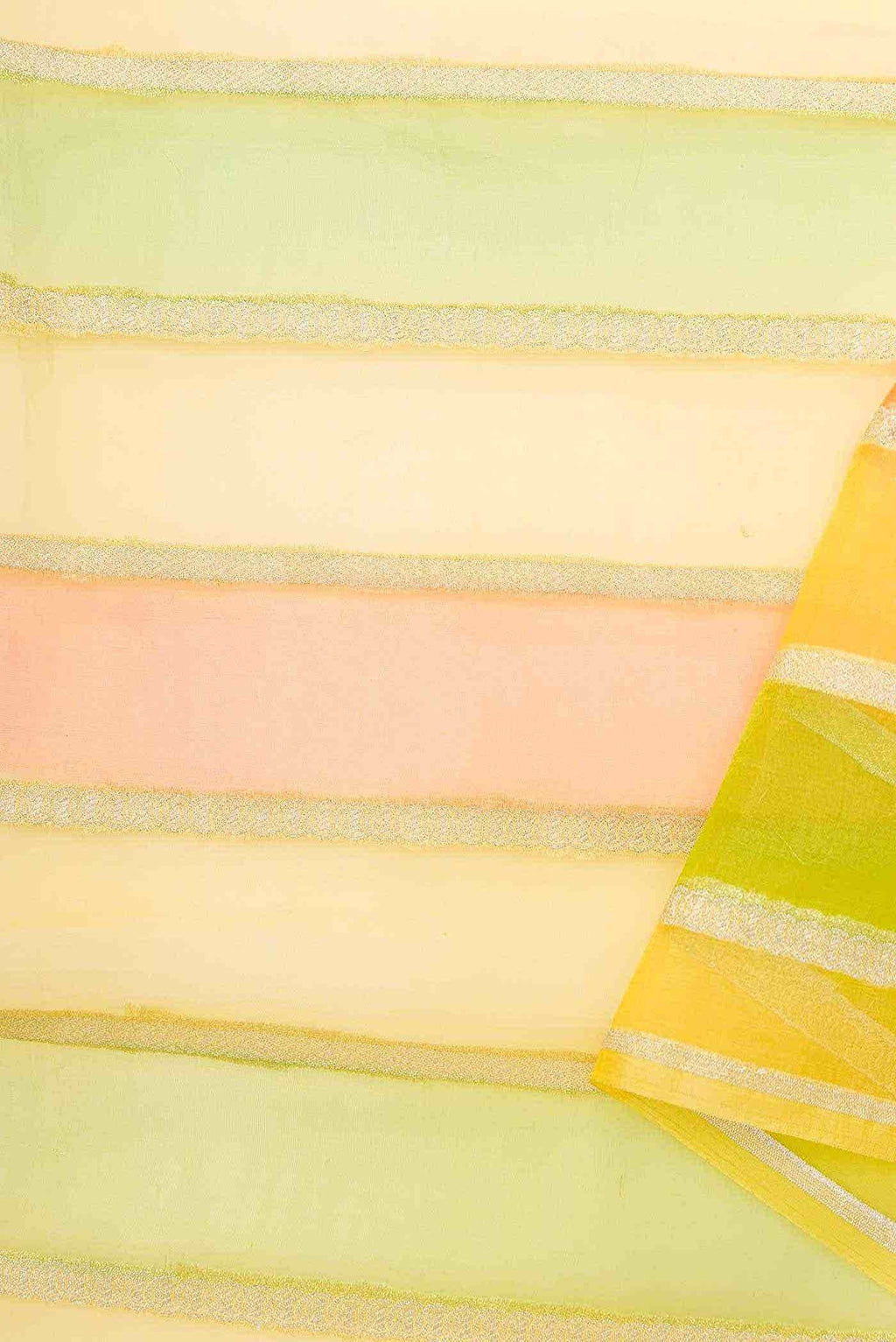 Yellow Green and Orange Organza Silk Dress Material