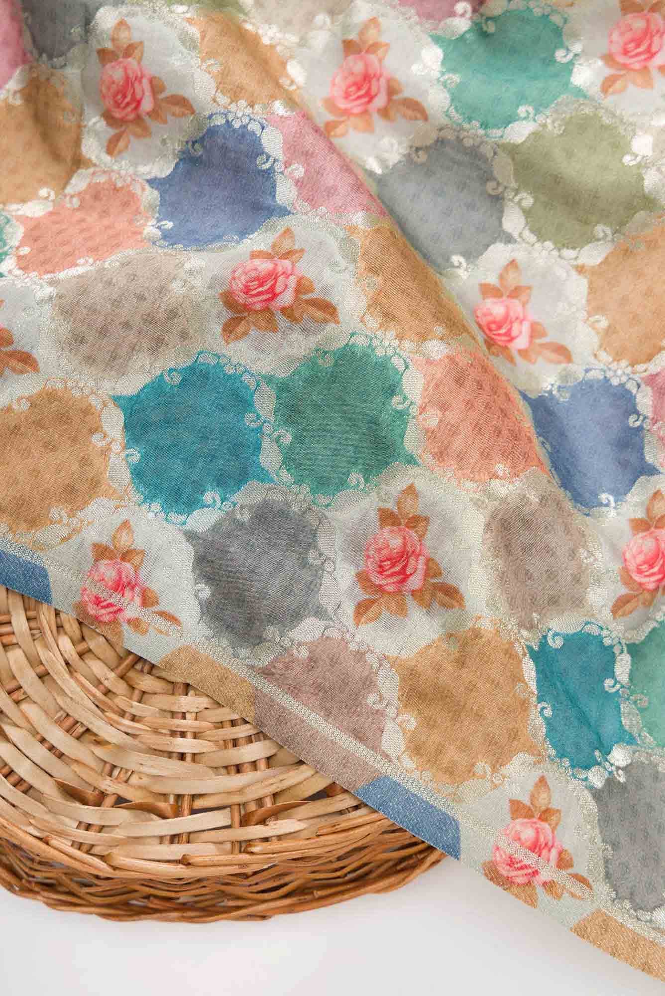Mustard, Grey and Blue Banarasi Silk Dress Material
