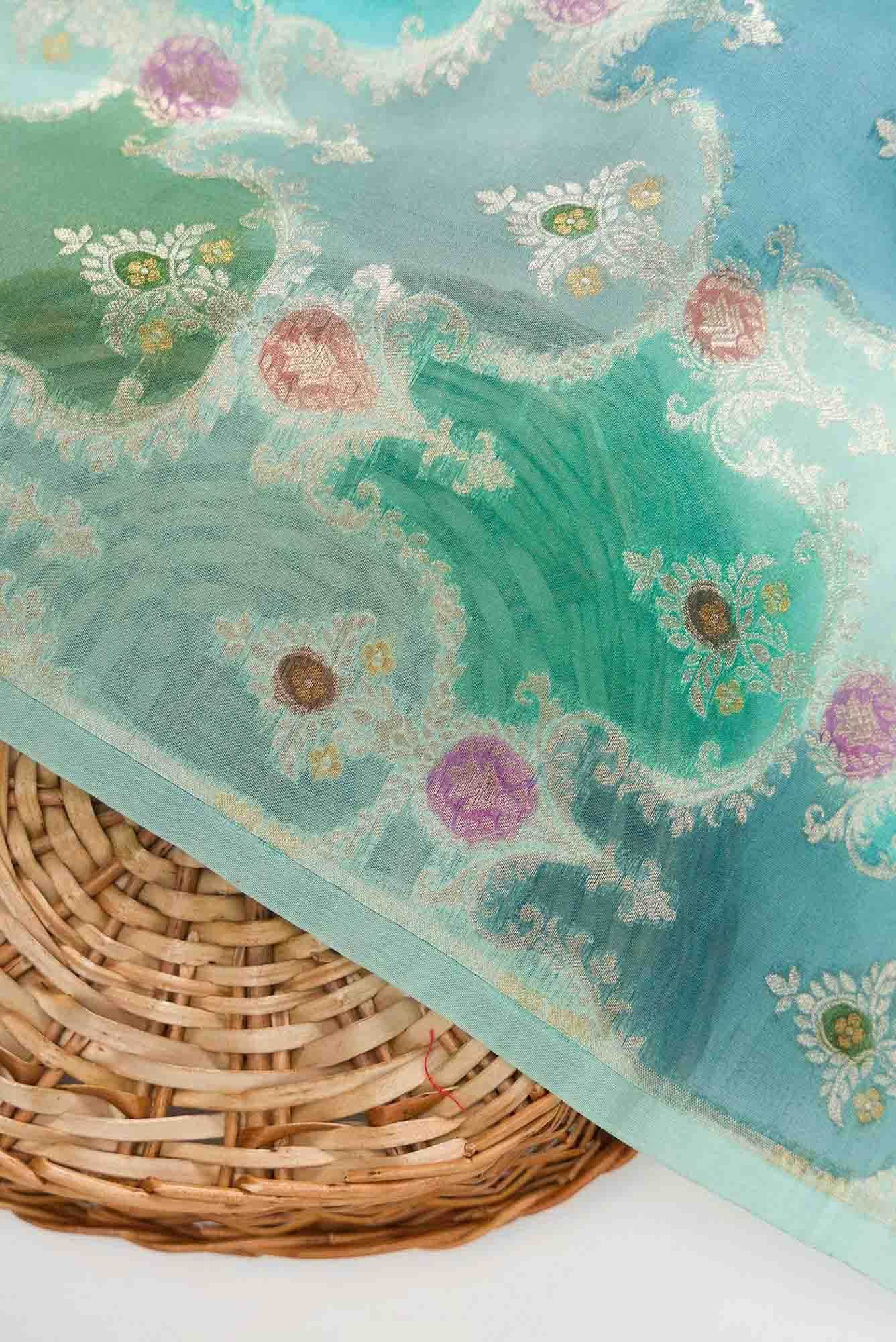 Sea Green and Blue Organza Silk Dress Material