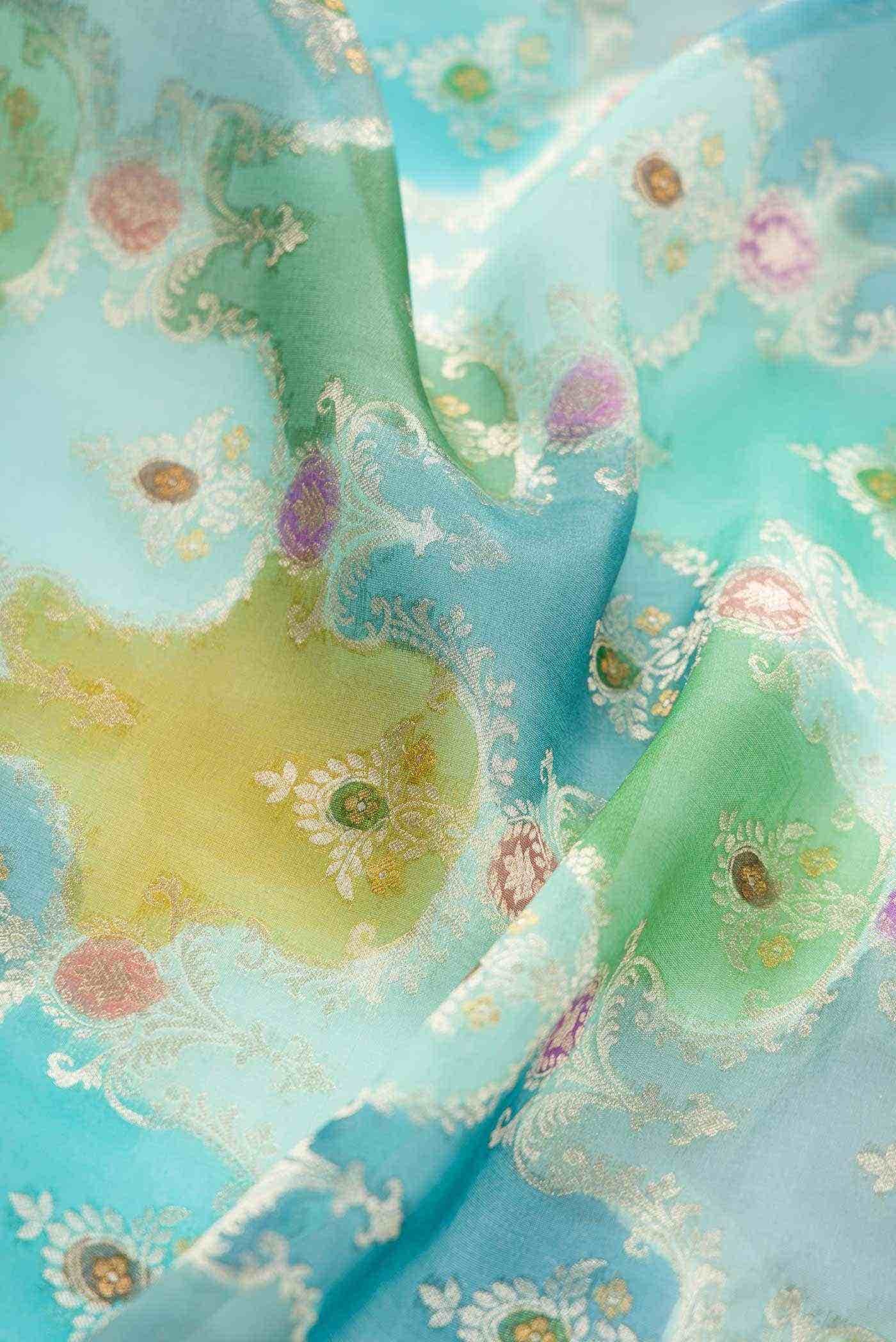 Sea Green and Blue Organza Silk Dress Material