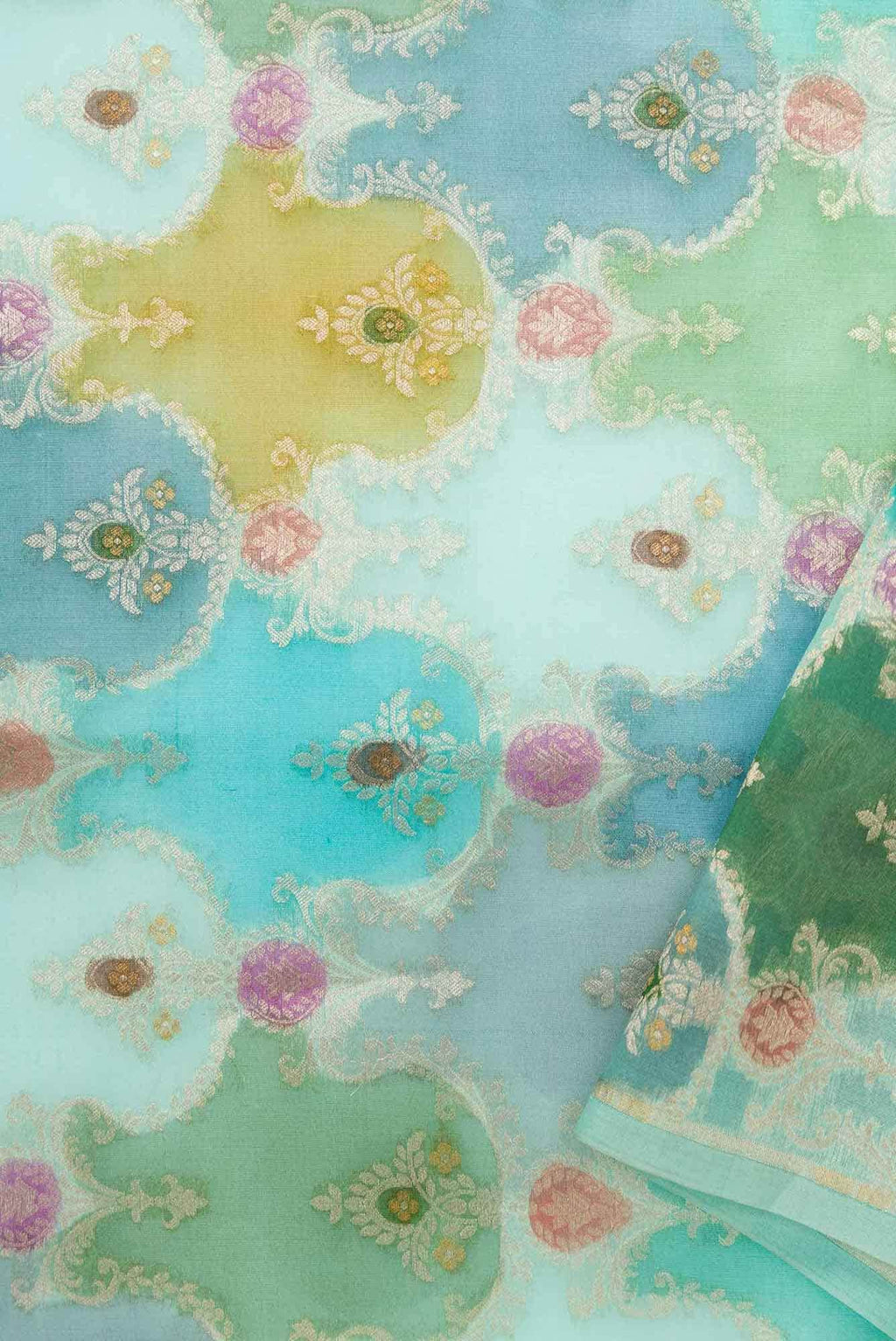 Sea Green and Blue Organza Silk Dress Material