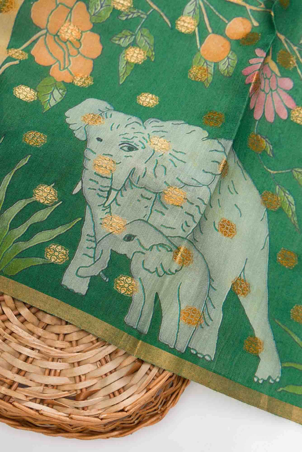 Brown and Green Chanderi Silk Dress Material