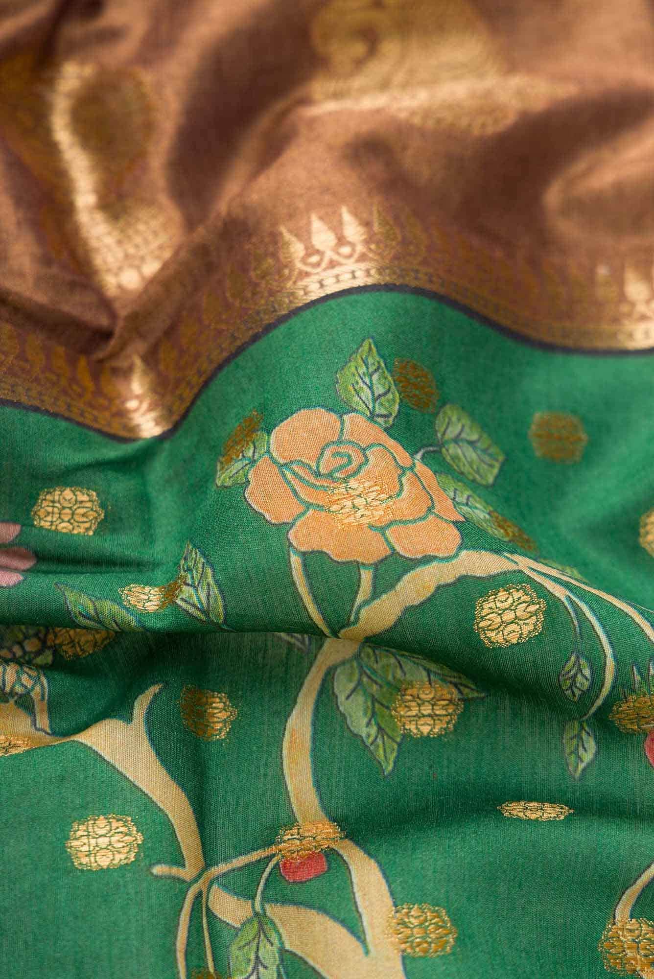 Brown and Green Chanderi Silk Dress Material