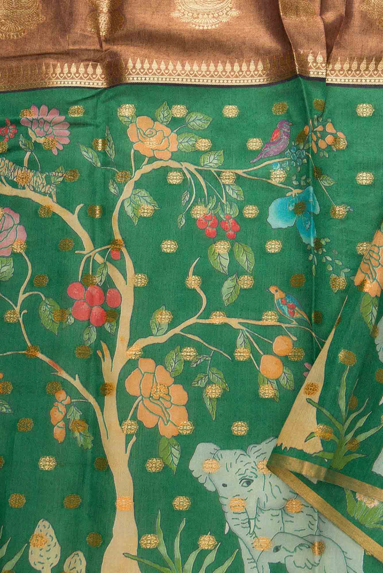 Brown and Green Chanderi Silk Dress Material