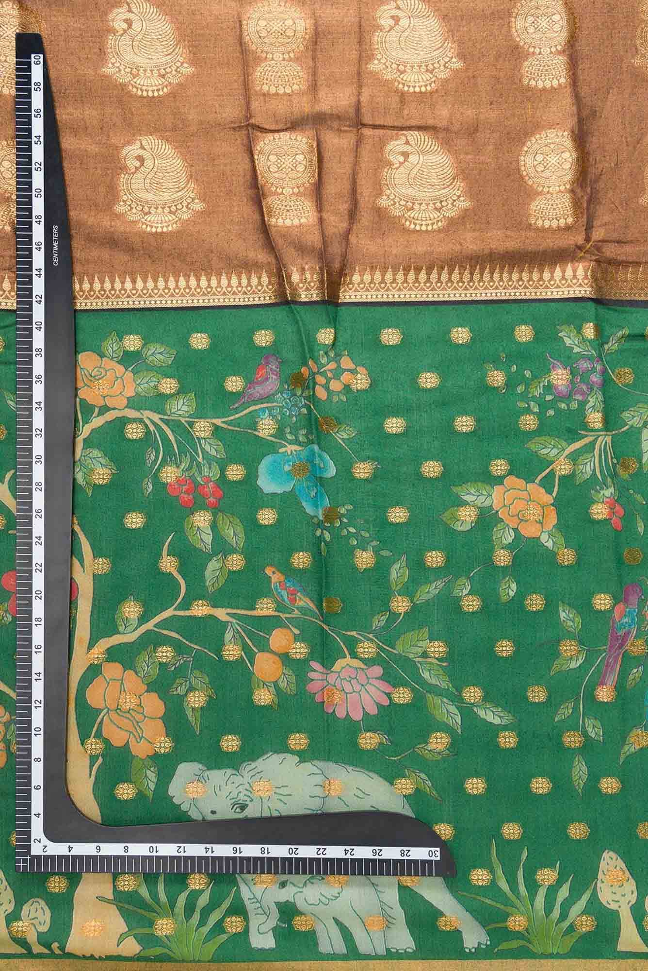 Brown and Green Chanderi Silk Dress Material